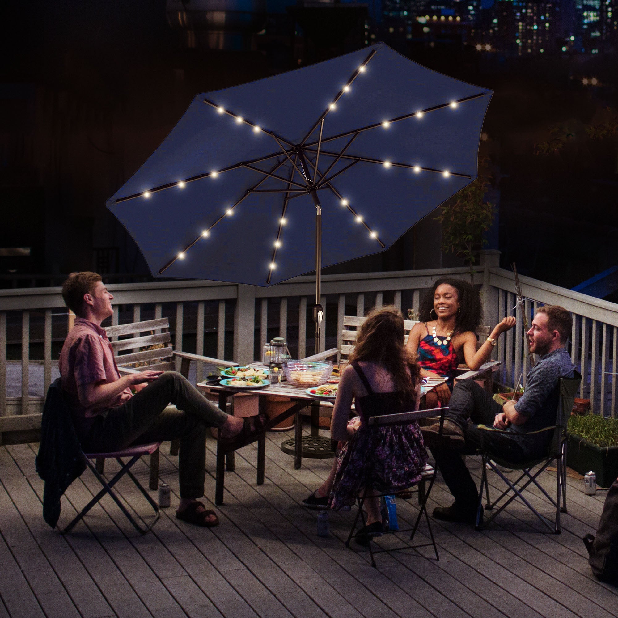Four Seasons Courtyard 9’ Polyester Patio Market LED Umbrella w/Steel Pole, Navy - VMInnovations