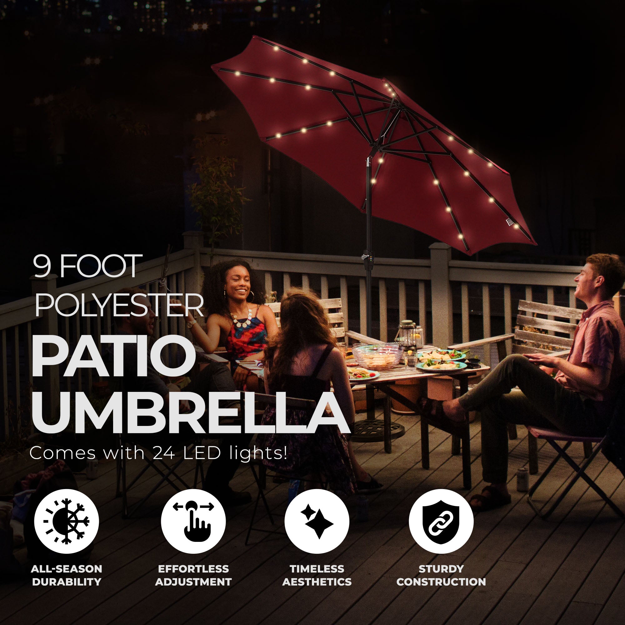 Four Seasons Courtyard 9’ Polyester Patio Market LED Umbrella w/ Steel Pole, Red - VMInnovations