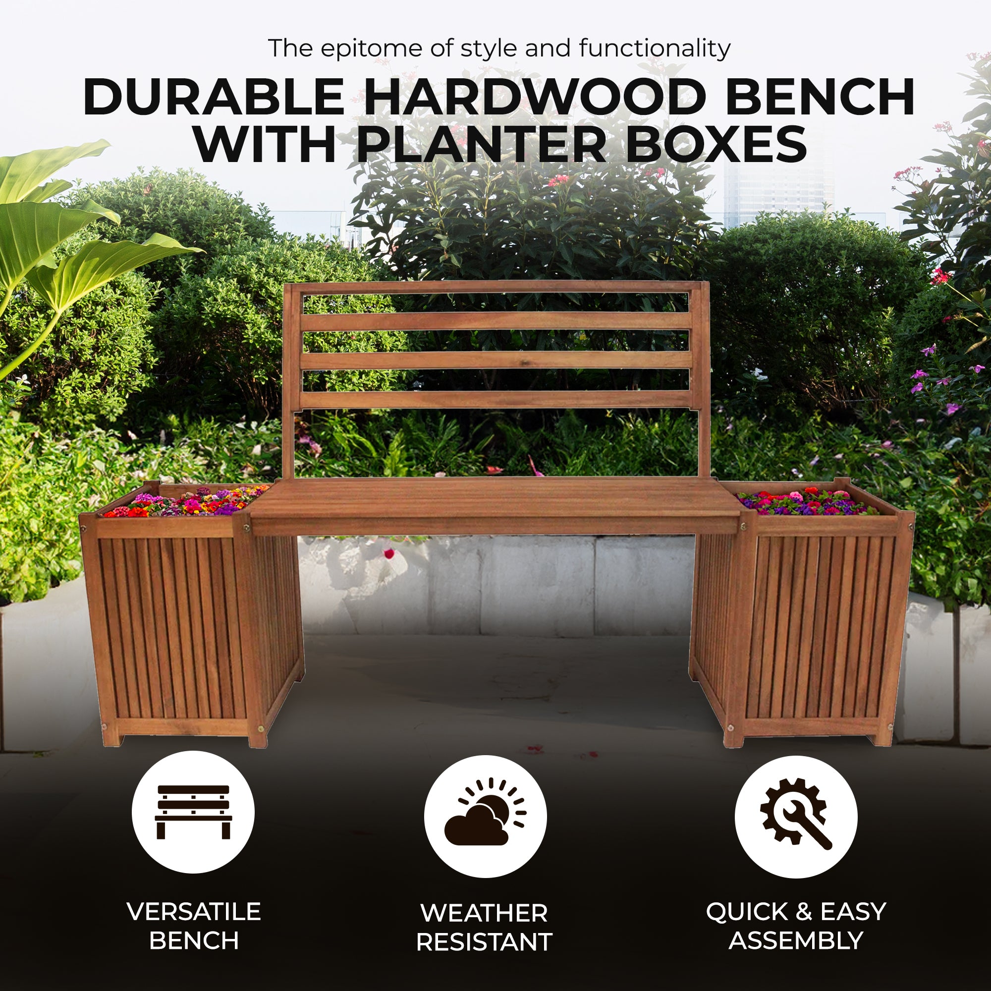 Leigh Country Multifunctional Hardwood Bench w/Planter Boxes, Tan (Open Box) - VMInnovations