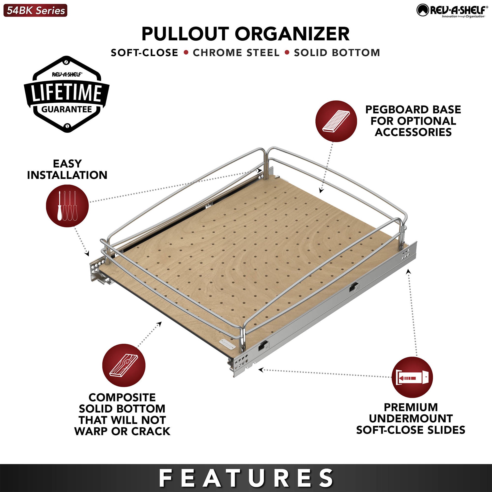 Rev-A-Shelf Solid Bottom Pullout Base Soft-close Cabinet Organizer, 54BK-15SC-1