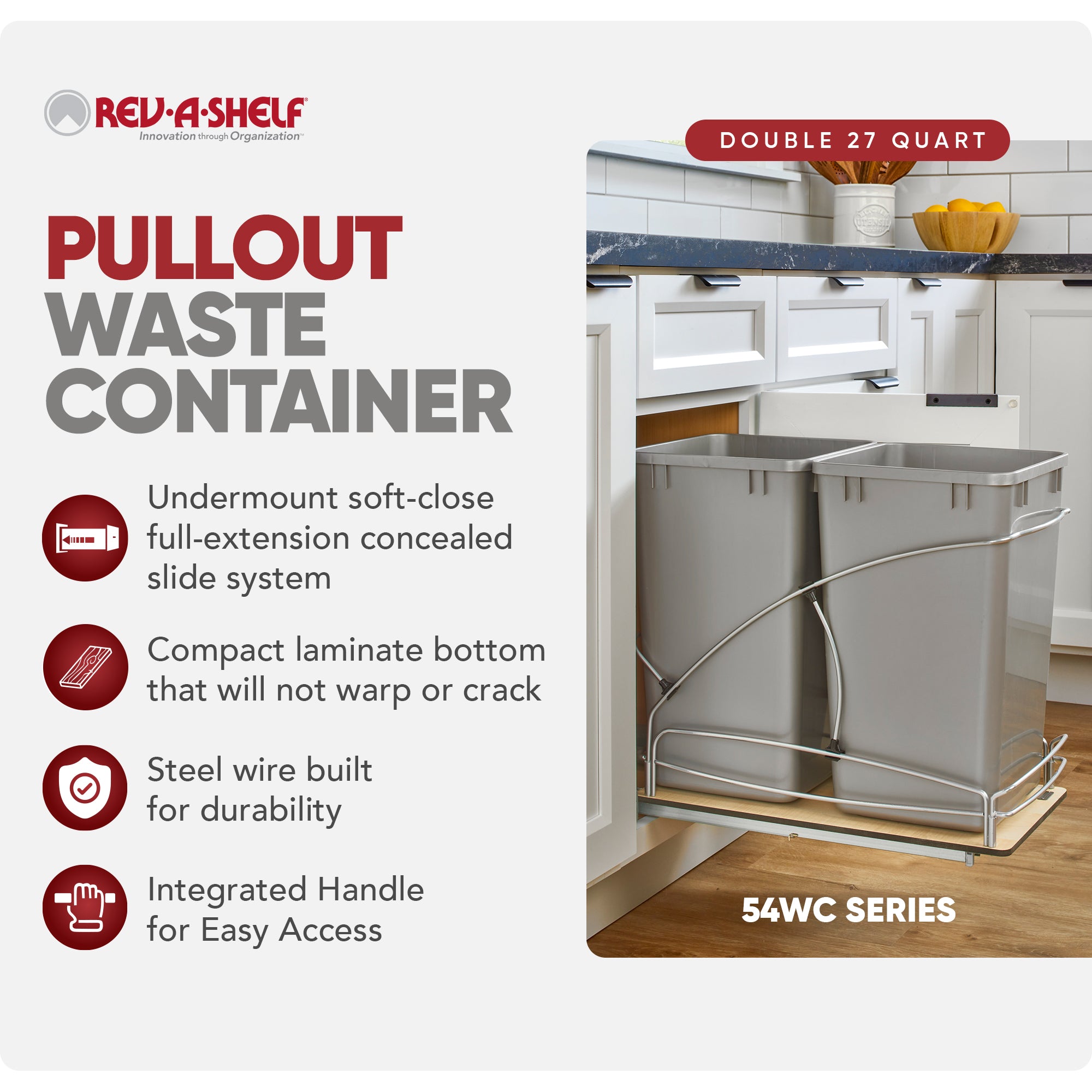 Rev-A-Shelf Double 27 qt. Pullout Trash Containers, Gray, 54WC-1527SC-17-1 - VMInnovations