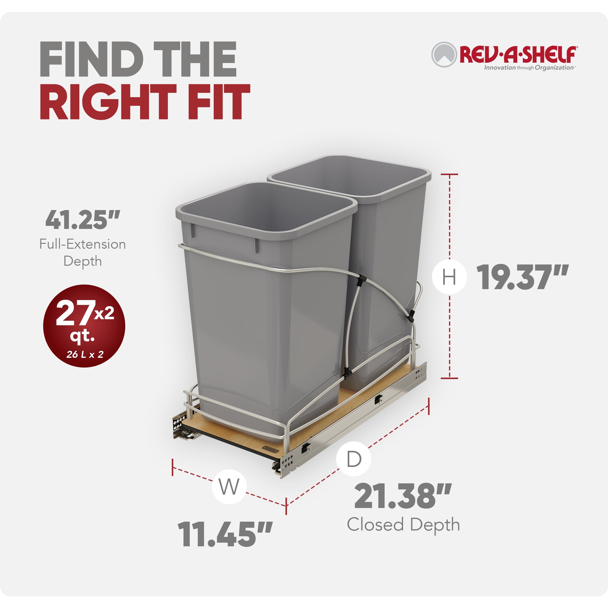 Rev-A-Shelf Double 27 qt. Pullout Trash Containers, Gray, 54WC-1527SC-17-1 - VMInnovations