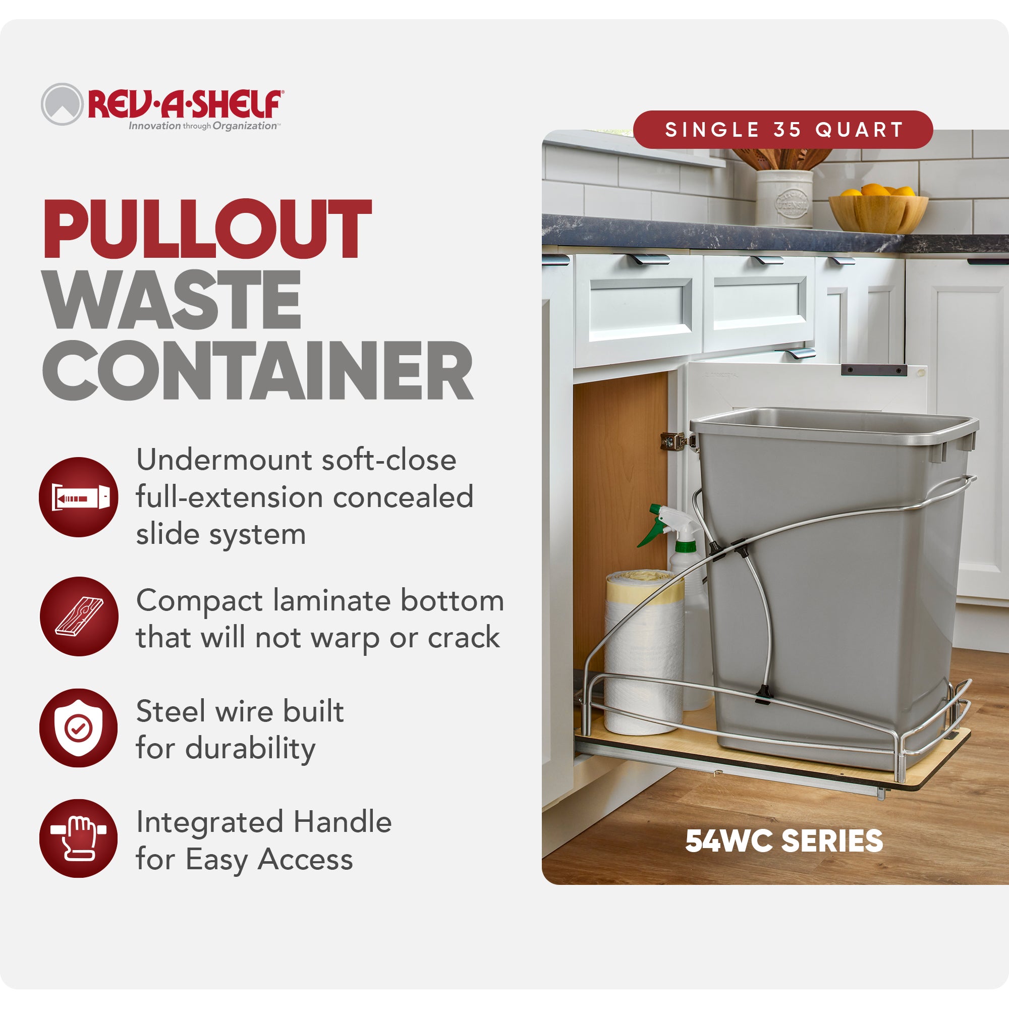 Rev-A-Shelf Single 35 qt. Pullout Trash Container, Gray, 54WC-1535SC-17-1