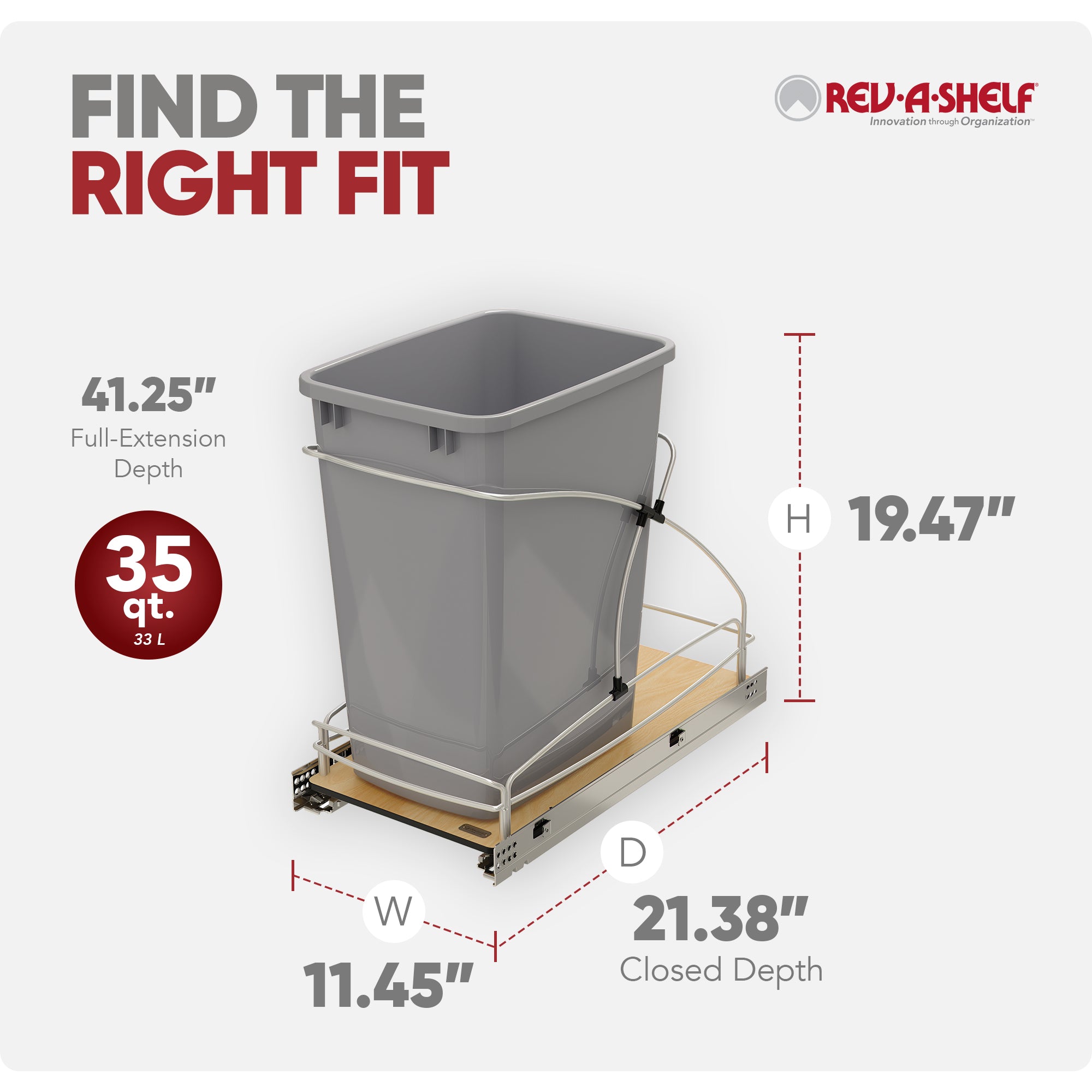 Rev-A-Shelf Single 35 qt. Pullout Trash Container, Gray, 54WC-1535SC-17-1