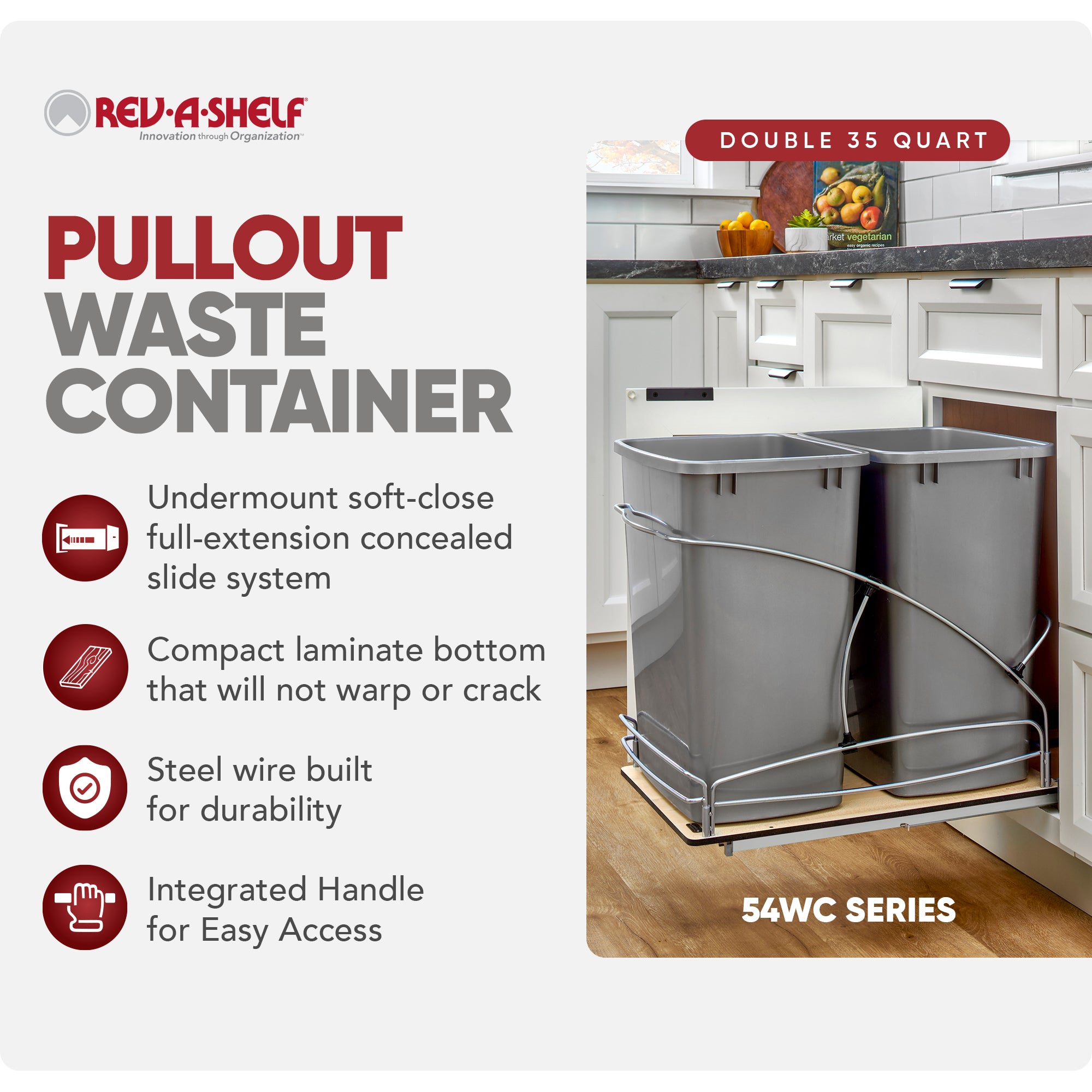 Rev-A-Shelf Double 35 qt. Pullout Trash Containers, Gray, 54WC-1835SC-17-1