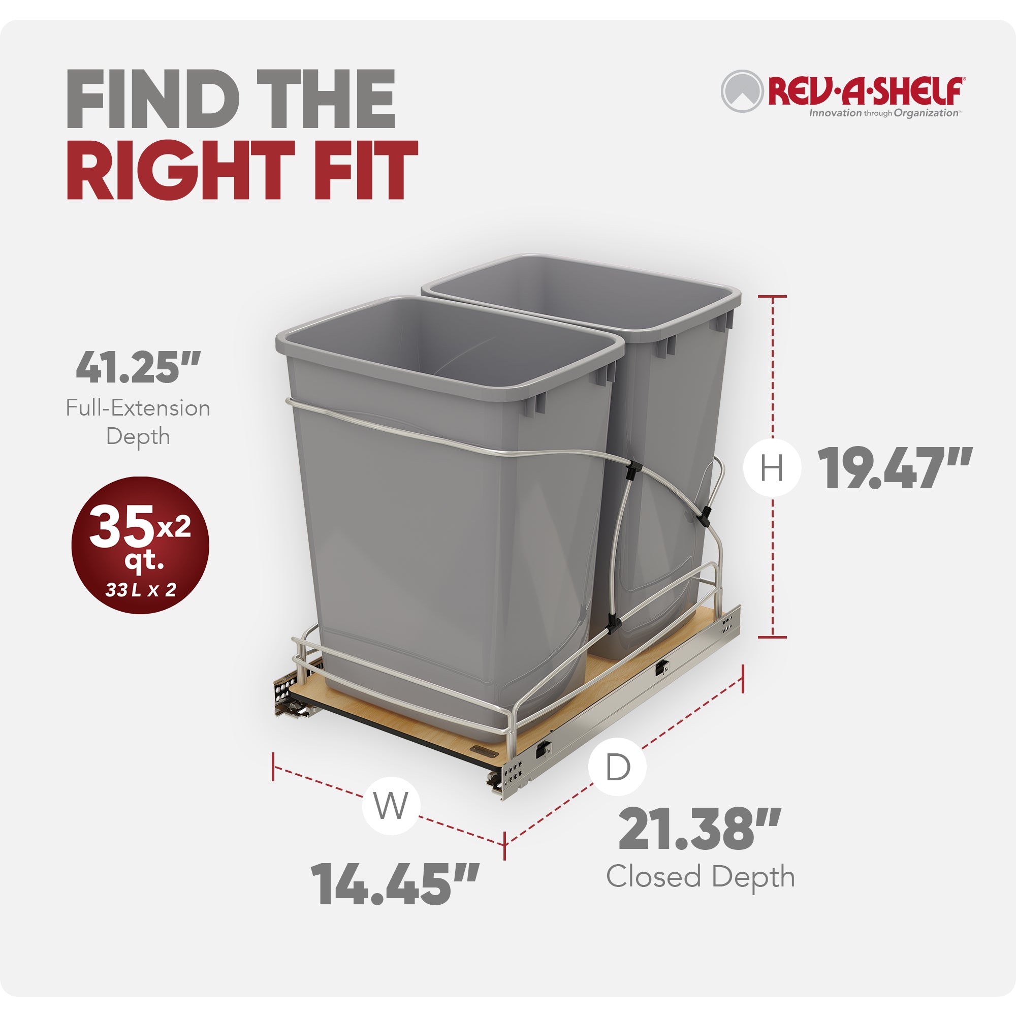 Rev-A-Shelf Double 35 qt. Pullout Trash Containers, Gray, 54WC-1835SC-17-1