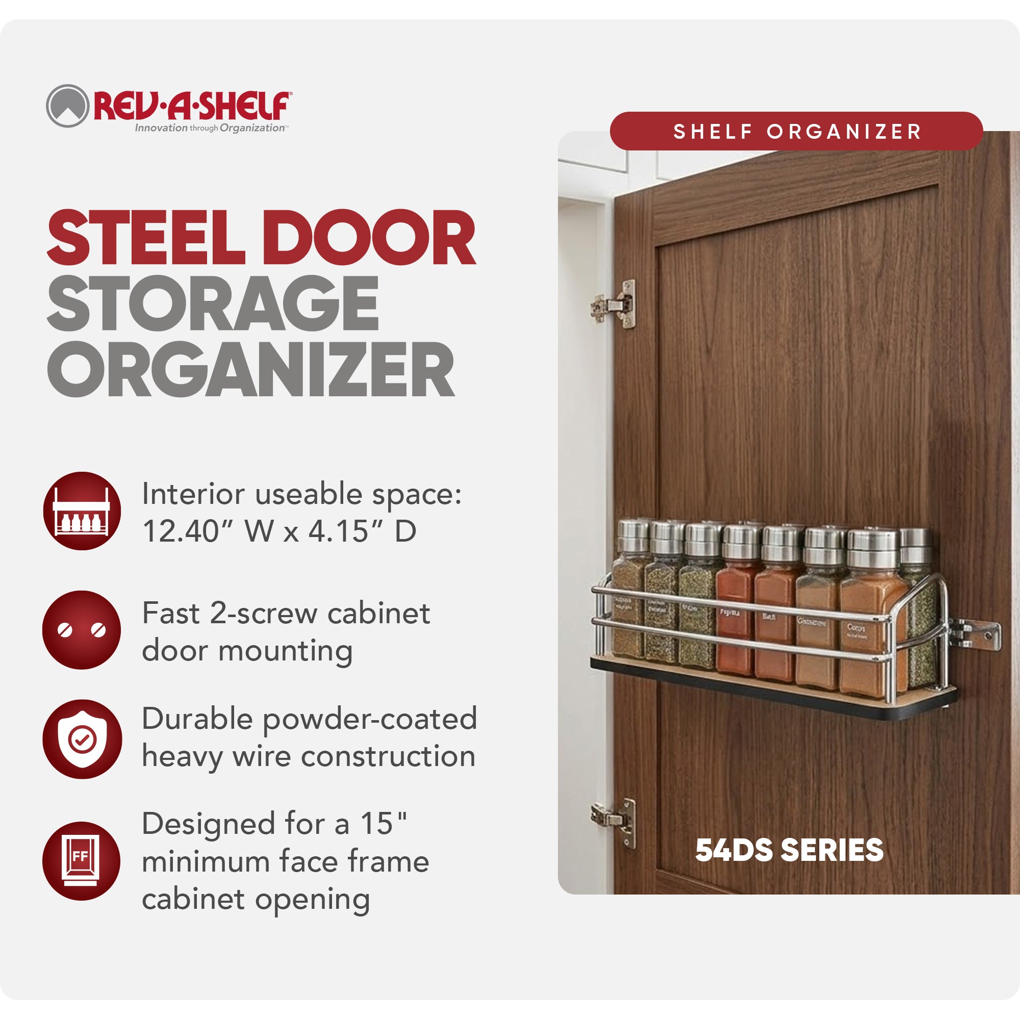 Rev-A-Shelf Steel Door/Wall Mount Spice Rack Pantry Shelf Organizer, 54DS-14-1