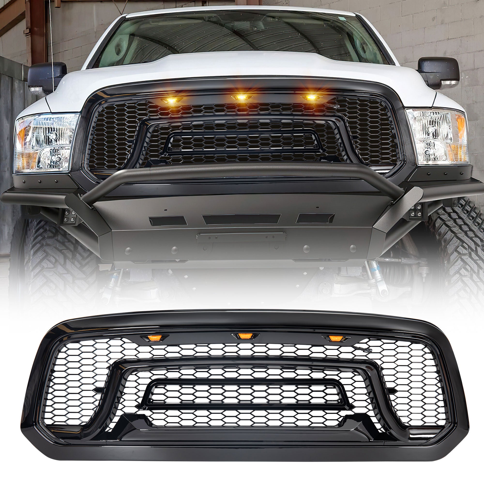 AMERICAN MODIFIED Armor Grille w/Amber Lights for 13-18 Dodge Ram 1500(Open Box) - VMInnovations