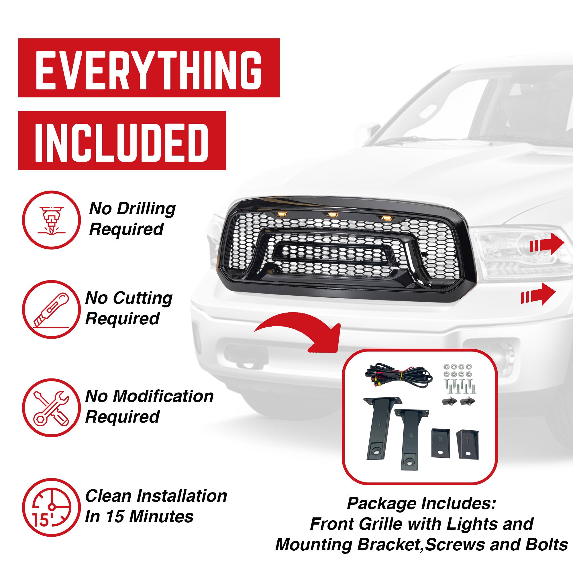 AMERICAN MODIFIED Armor Grille w/Amber Lights for 13-18 Dodge Ram 1500(Open Box) - VMInnovations