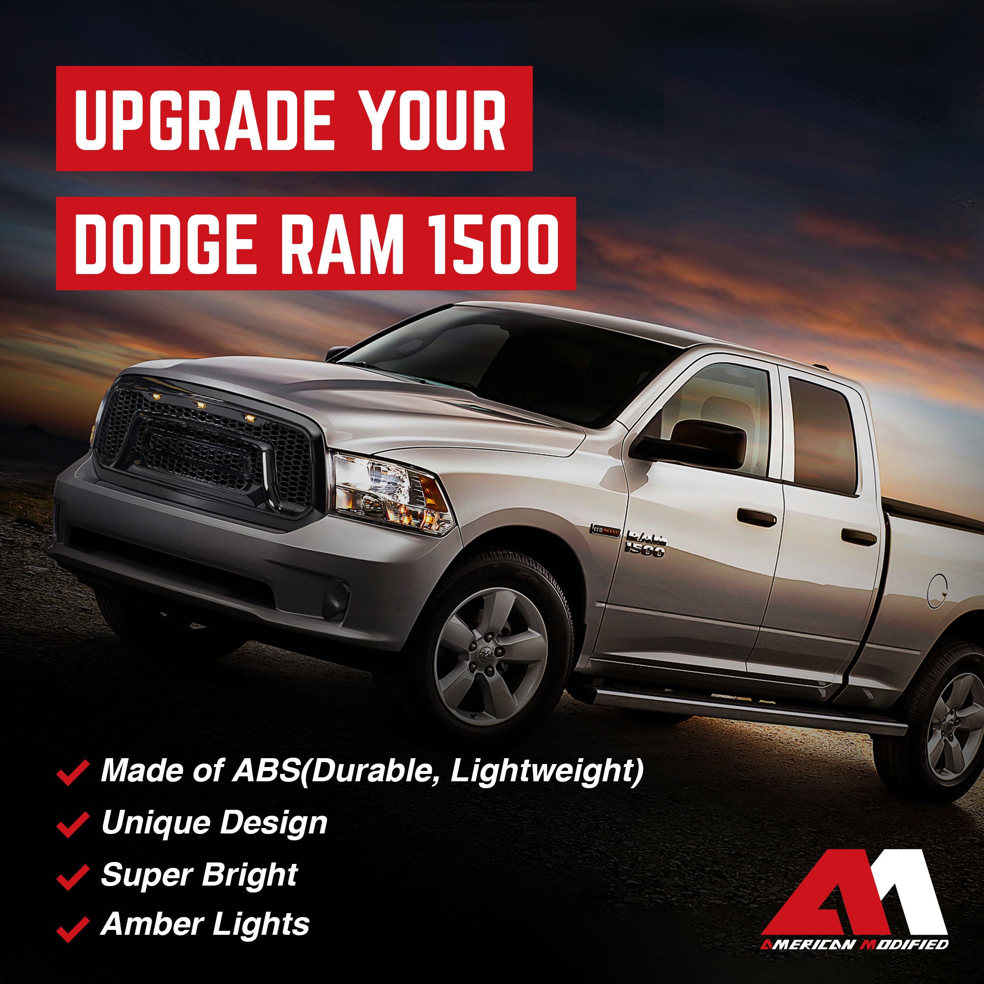 AMERICAN MODIFIED Armor Grille w/Amber Lights for 13-18 Dodge Ram 1500(Open Box) - VMInnovations