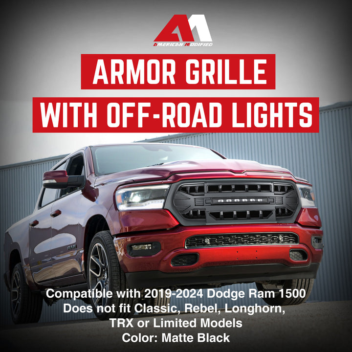 AMERICAN MODIFIED Armor Grille w/Off Road Lights for 2019 to 2024 Dodge Ram 1500 - VMInnovations