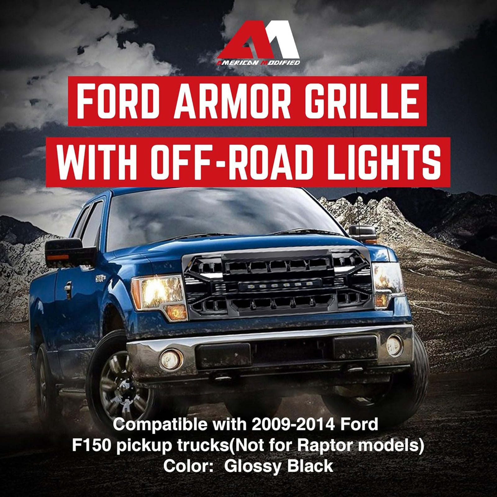 AMERICAN MODIFIED Front Armor Grille Compatible w/ 09-14 Ford F150, Glossy Black - VMInnovations