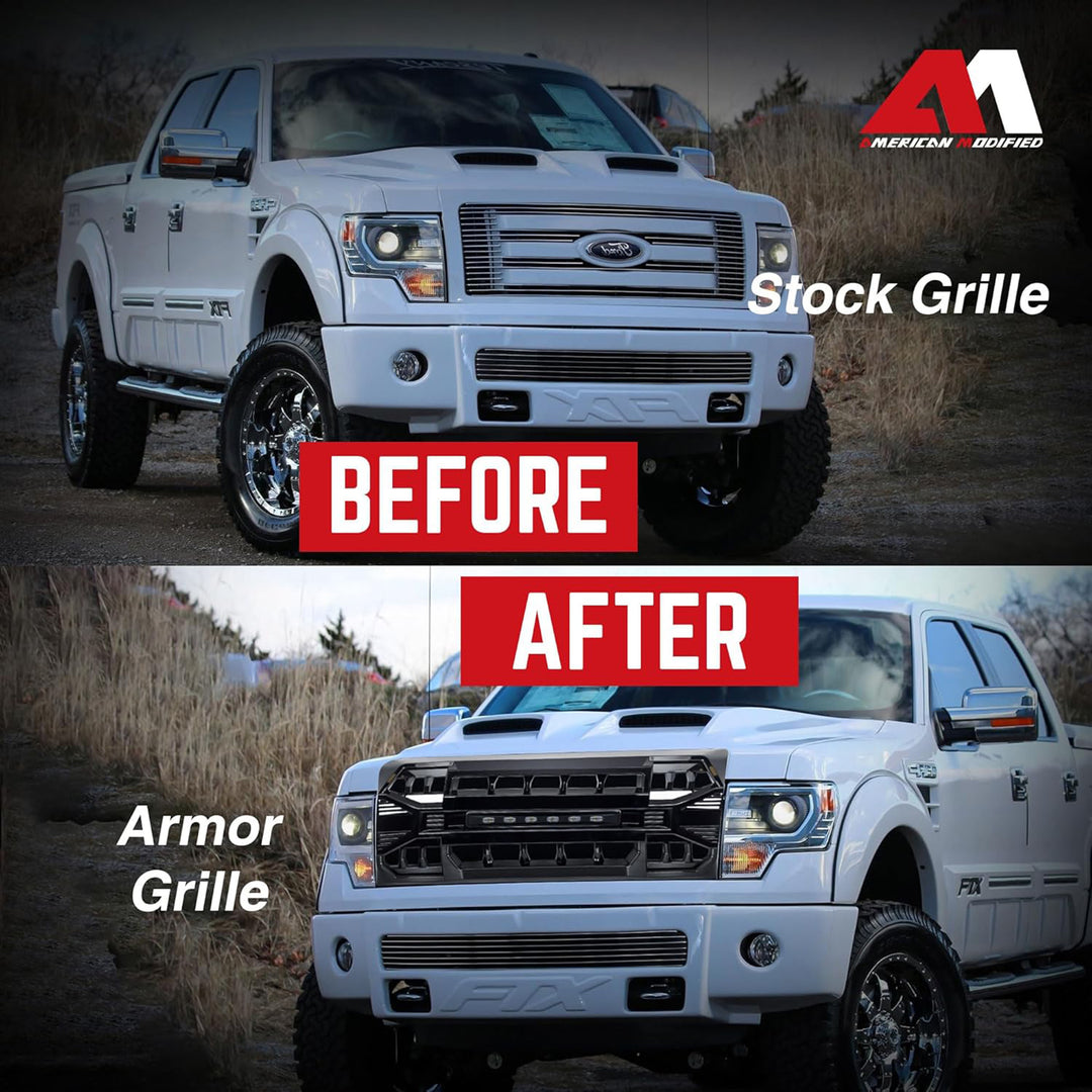 AMERICAN MODIFIED Front Armor Grille Compatible w/ 09-14 Ford F150, Glossy Black - VMInnovations