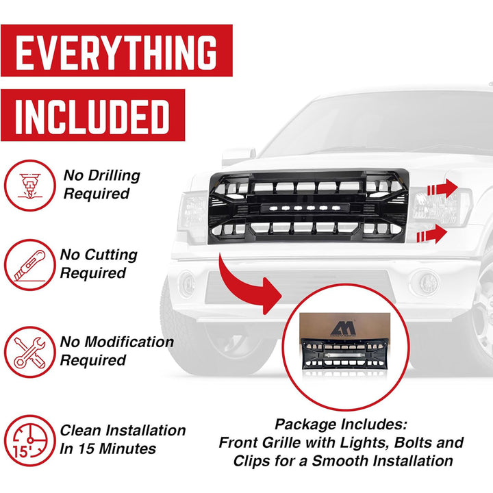 AMERICAN MODIFIED Front Armor Grille Compatible w/ 09-14 Ford F150, Glossy Black - VMInnovations
