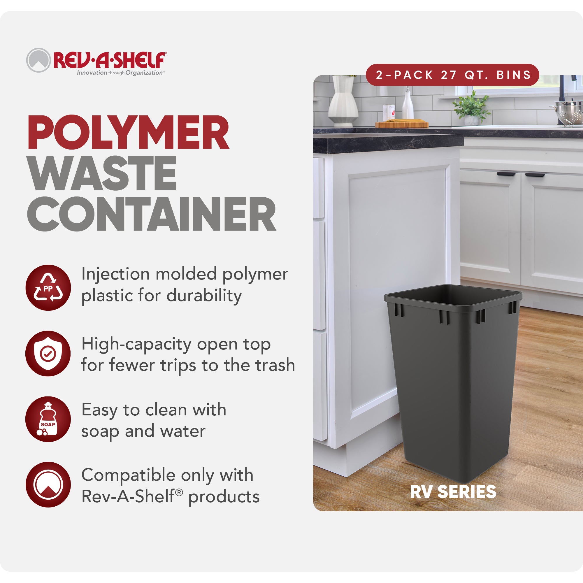 Rev-A-Shelf Polymer Replacement 27 qt. Trash Bin, Gray, 2 Pack, RV-1024-13-2
