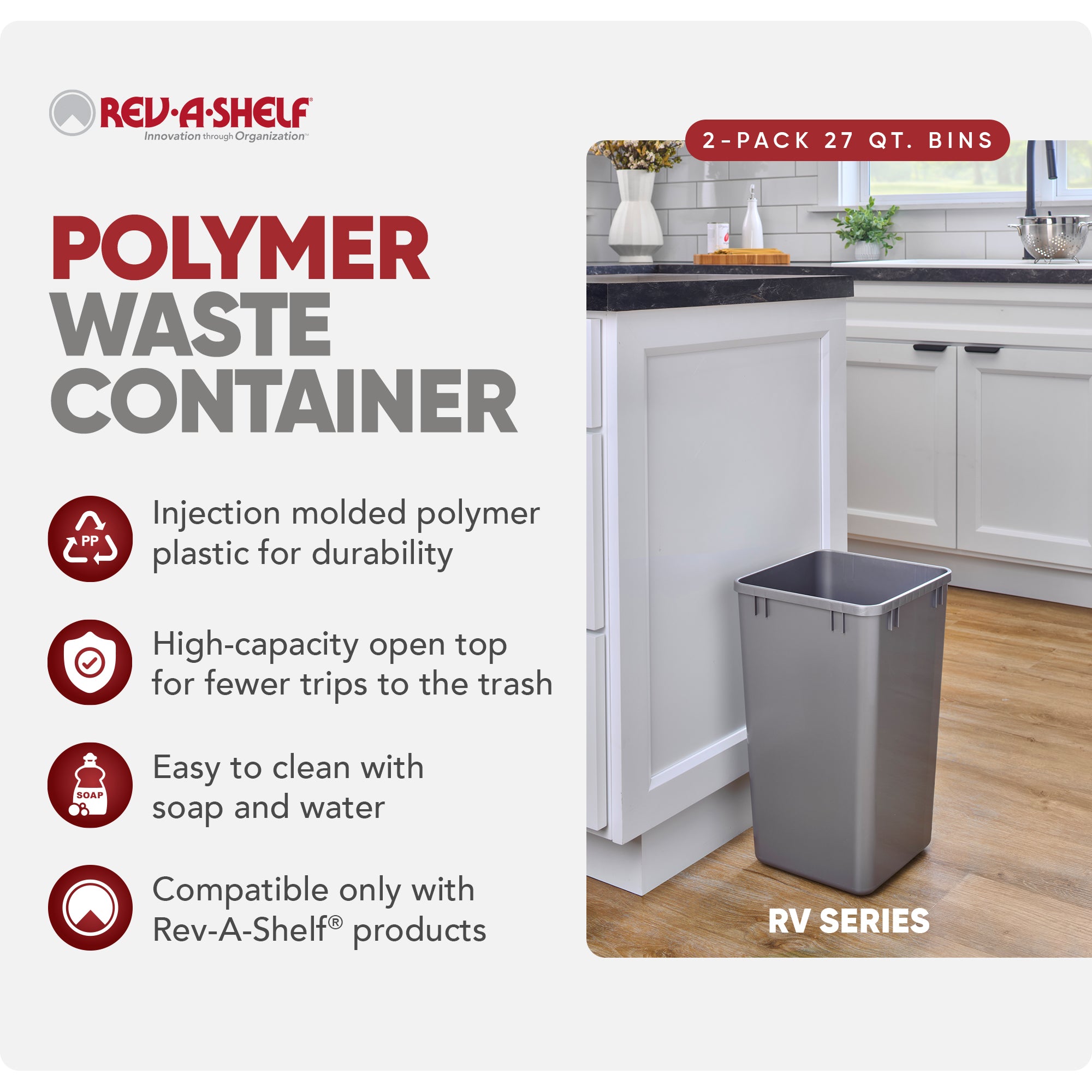 Rev-A-Shelf Polymer Replacement 27 qt. Trash Bin, Silver, 2 Pack, RV-1024-17-2