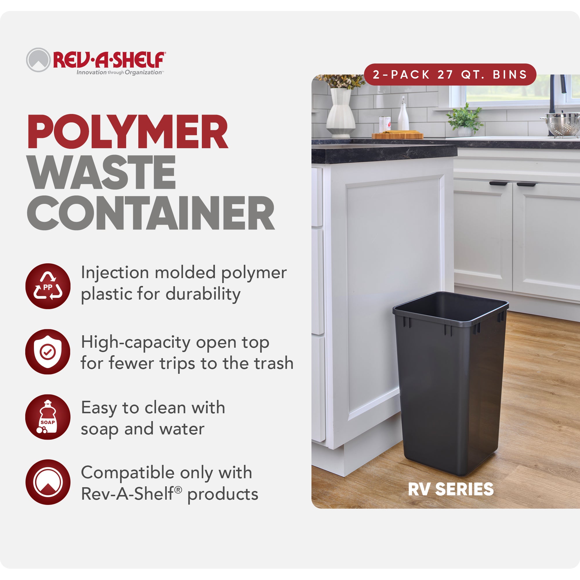 Rev-A-Shelf Polymer Replacement 27 qt. Trash Bin, Black, 2 Pack, RV-1024-18-2