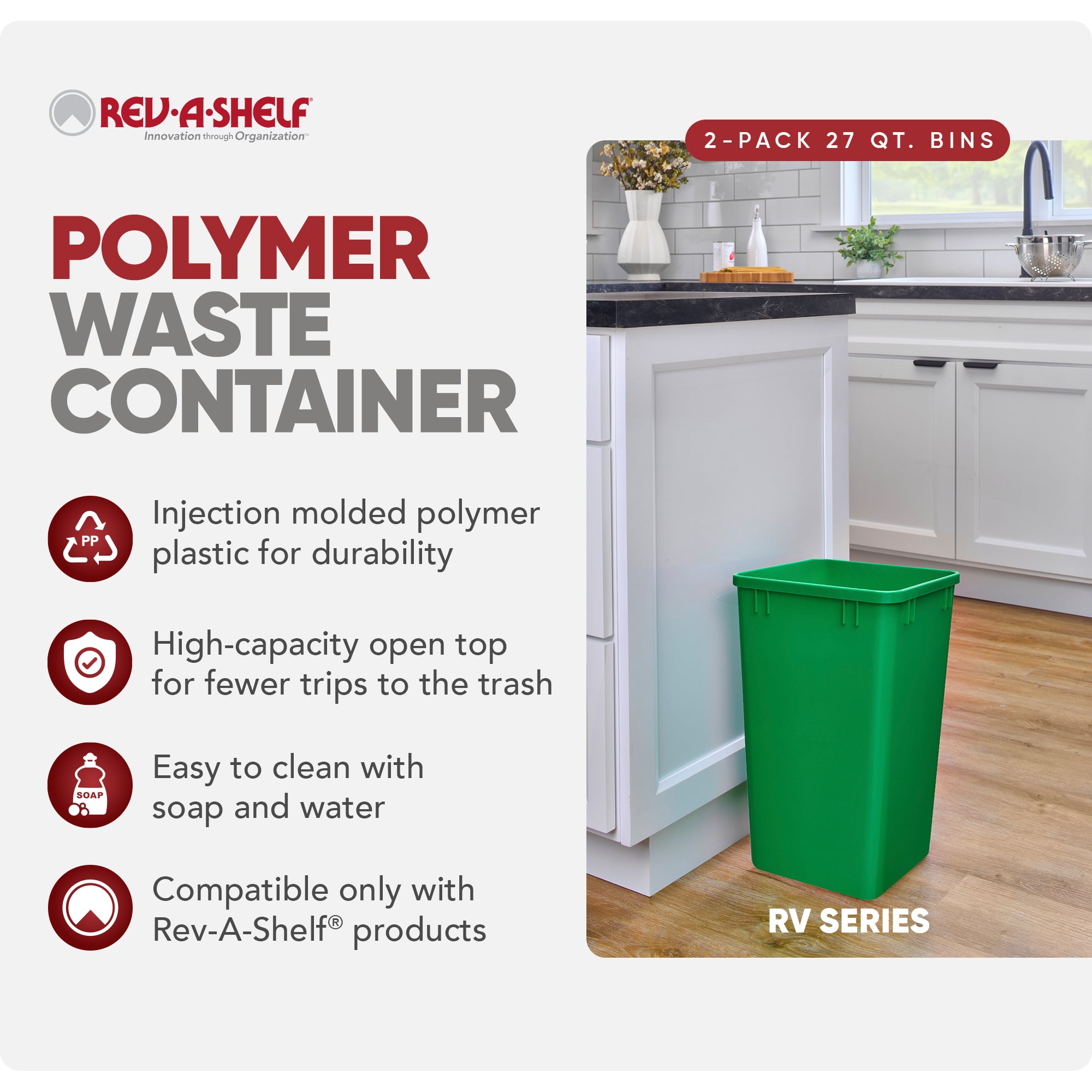 Rev-A-Shelf Polymer Replacement 27 qt. Trash Bin, Green, 2 Pack, RV-1024-19-2