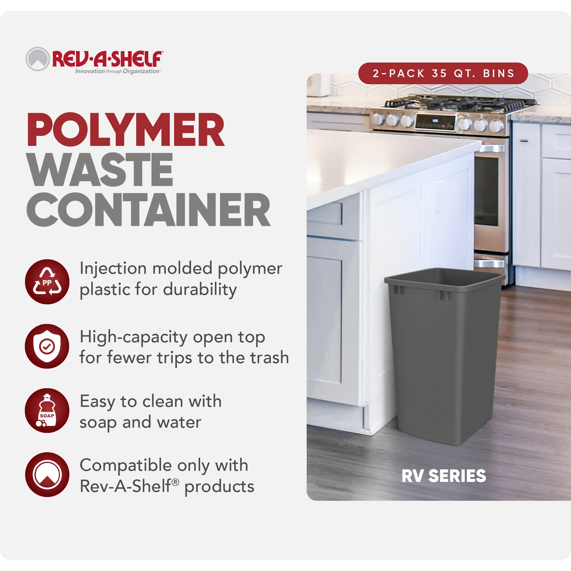 Rev-A-Shelf Polymer Replacement 35 qt. Trash Bin, Gray, 2 Pack, RV-35-13-2