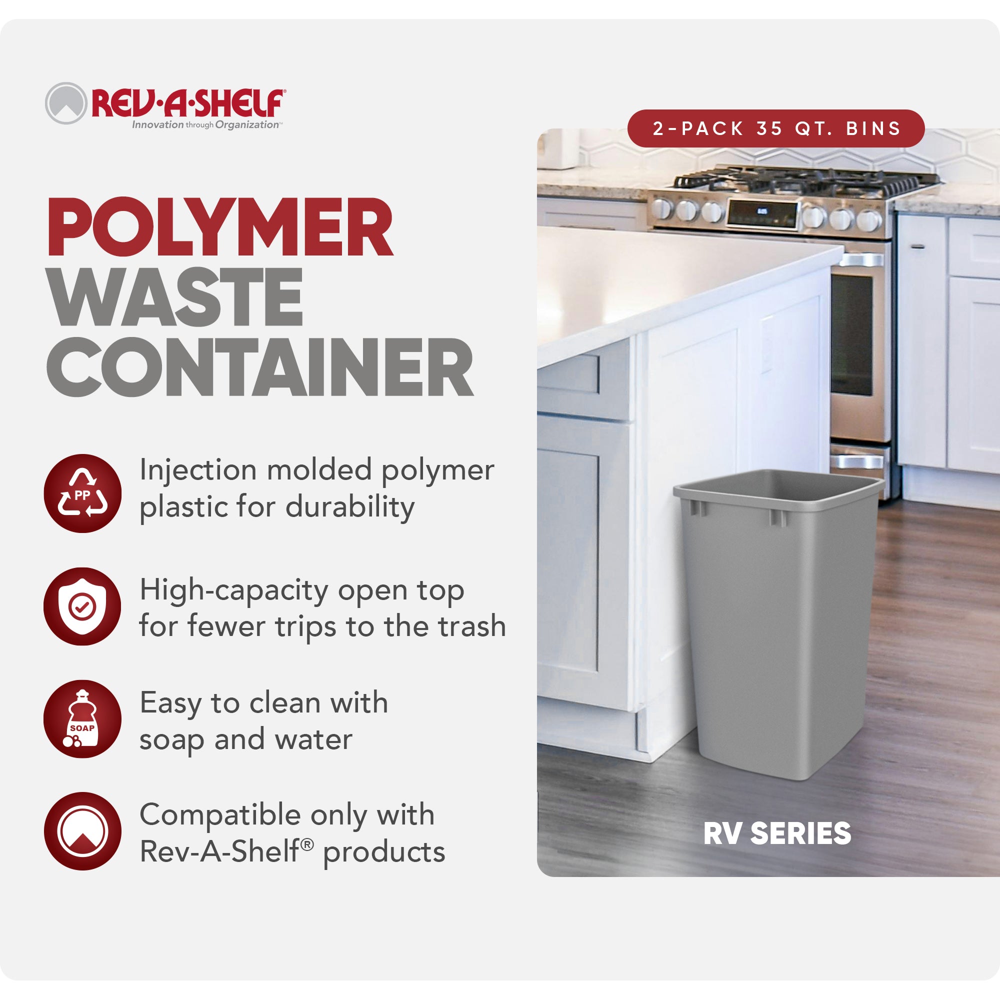 Rev-A-Shelf Polymer Replacement 35 qt. Trash Bin, Silver, 2 Pack, RV-35-17-2