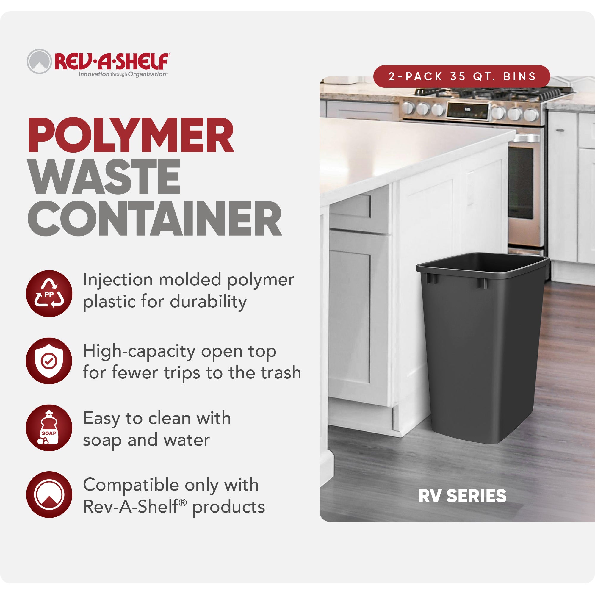 Rev-A-Shelf Polymer Replacement 35 qt. Trash Bin, Black, 2 Pack, RV-35-18-2