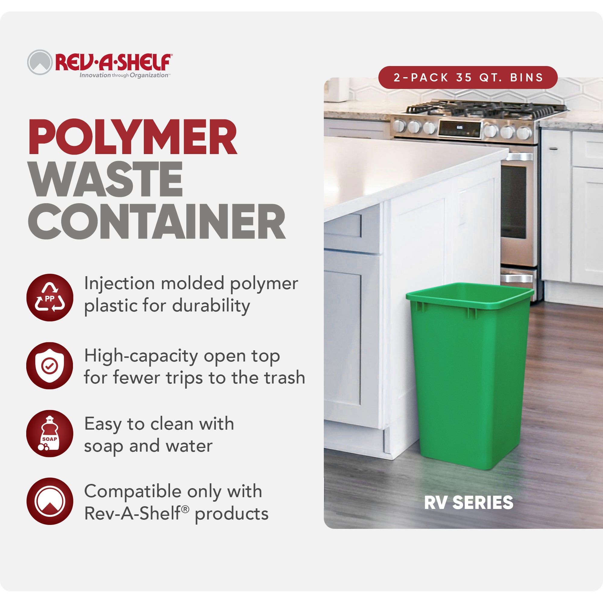 Rev-A-Shelf Polymer Replacement 35 qt. Trash Bin, Green, 2 Pack, RV-35-19-2 - VMInnovations
