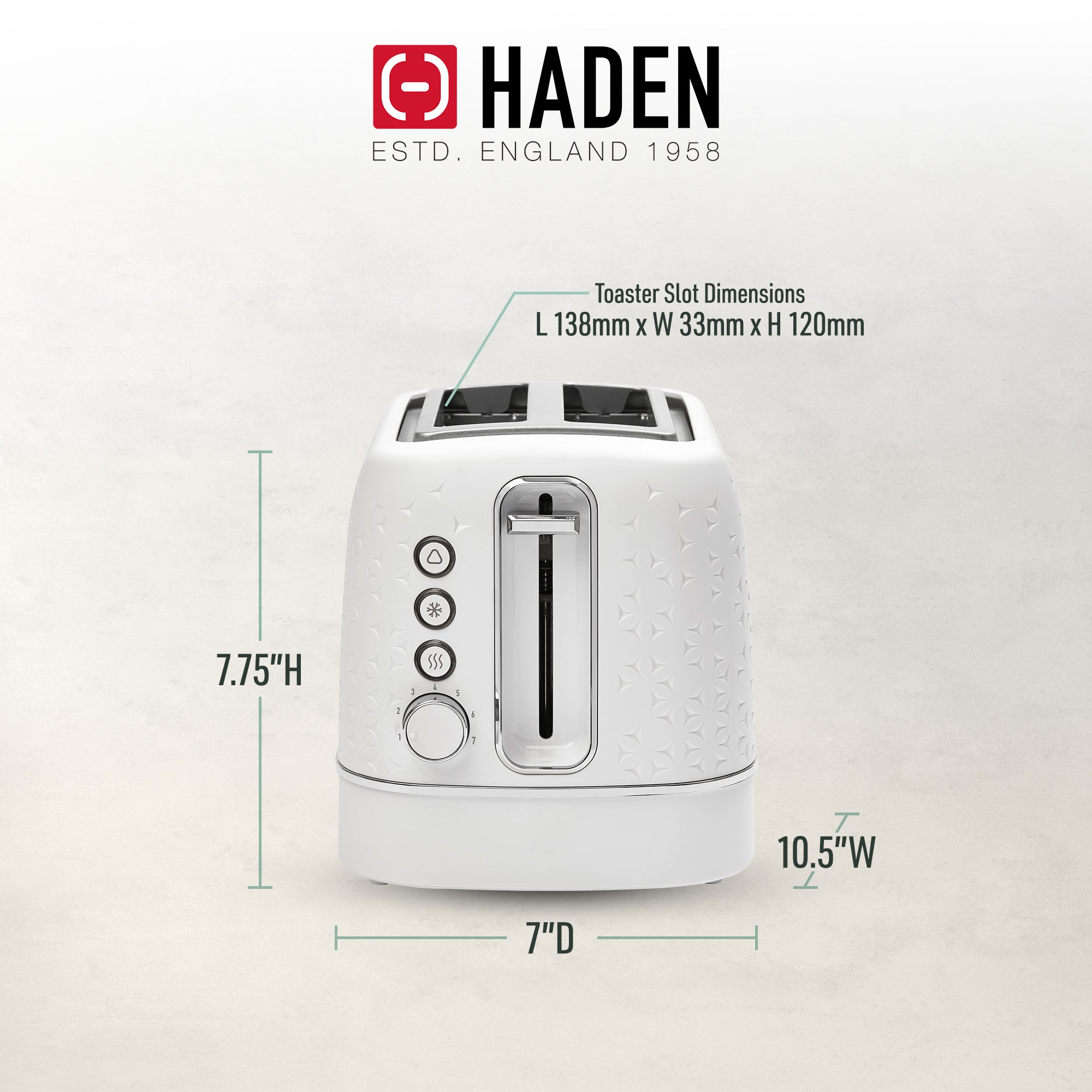 Haden Starbeck 2 Slice Wide Slot Stainless Steel Toaster, White & Chrome