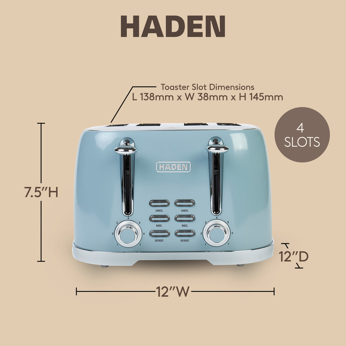 Haden Brighton Stainless Steel 4 Slice Toaster with Extra Wide Slots, Sky Blue