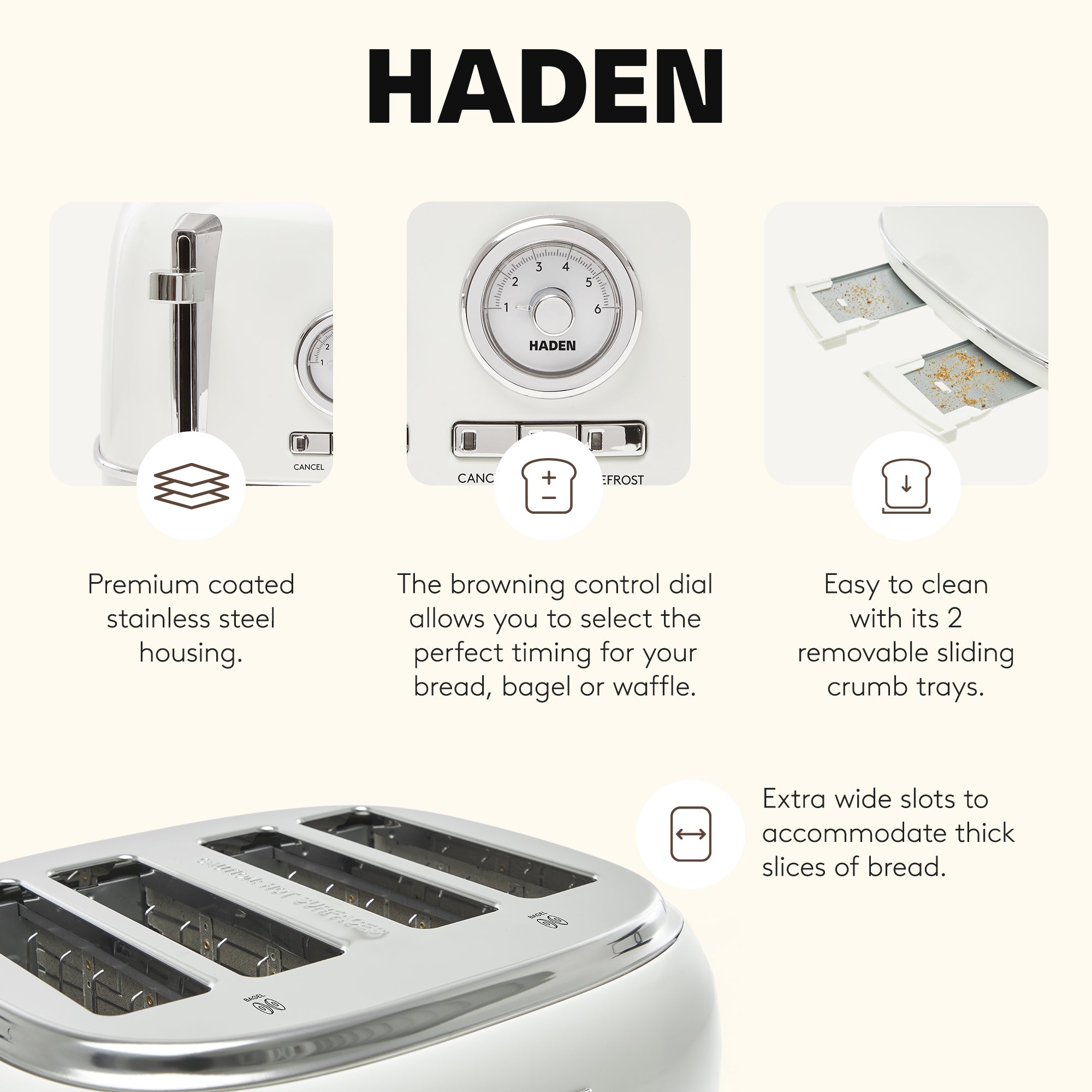 Haden Dorset 4 Slice Wide Slot Stainless Steel Toaster, Ivory & Chrome - VMInnovations
