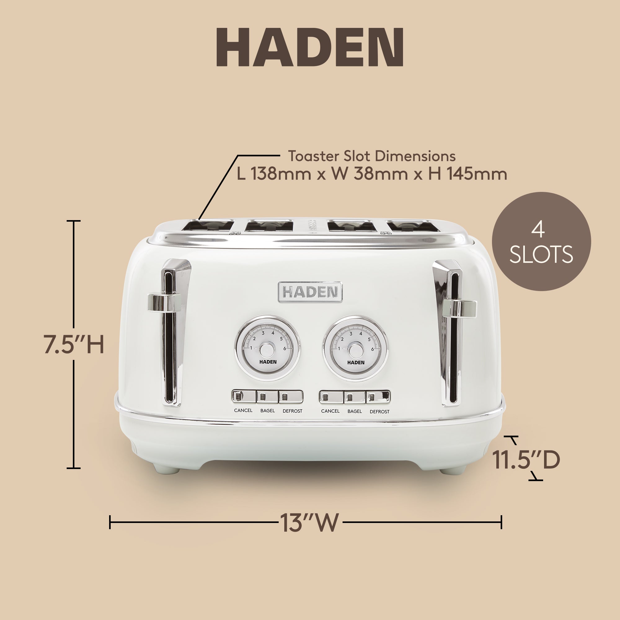 Haden 4 Slice Wide Slot Stainless Steel Toaster, Ivory & Chrome (Open Box)