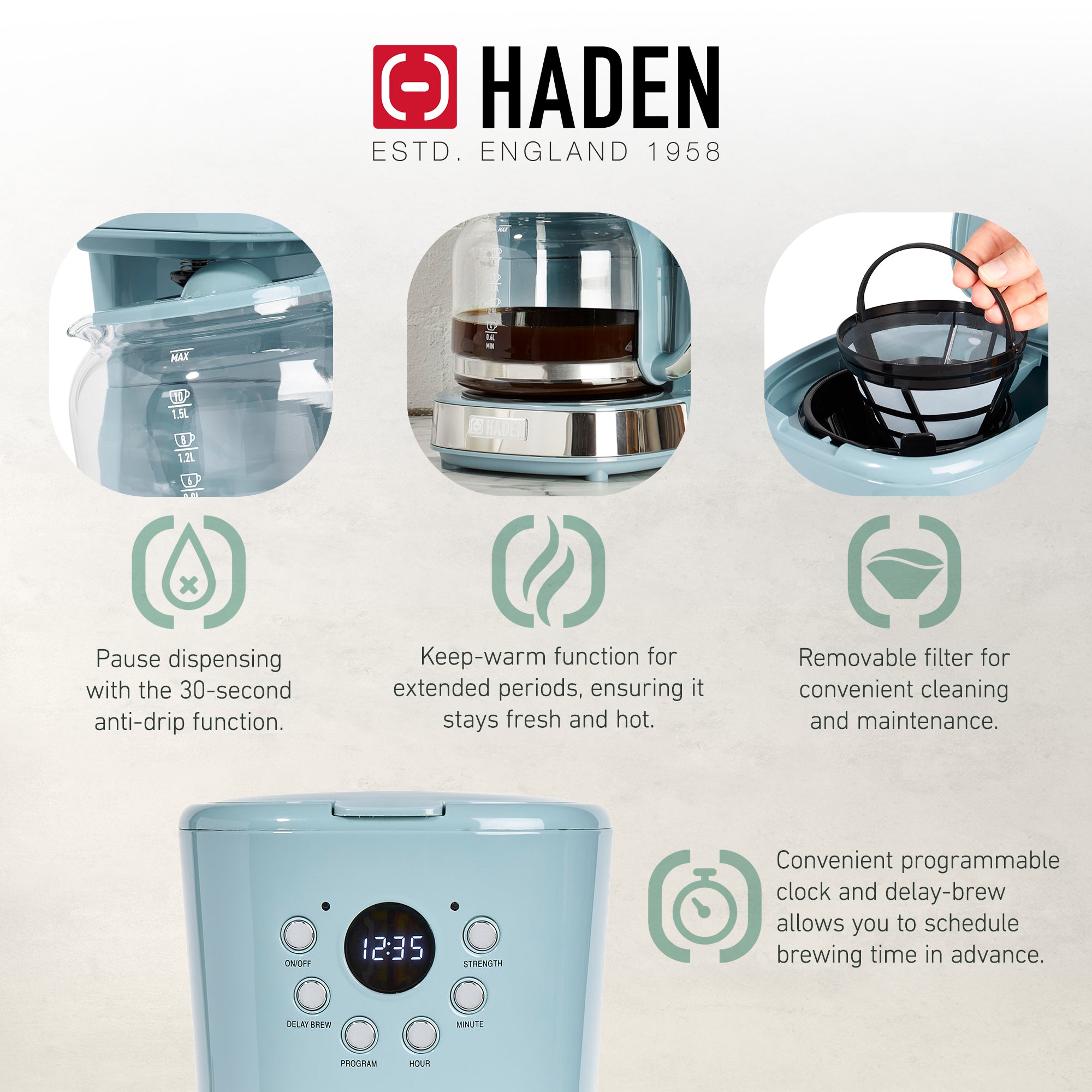 Haden Brighton 12 Cup Sleek Modern Nautical Coffee Maker, Sky Blue (Open Box) - VMInnovations