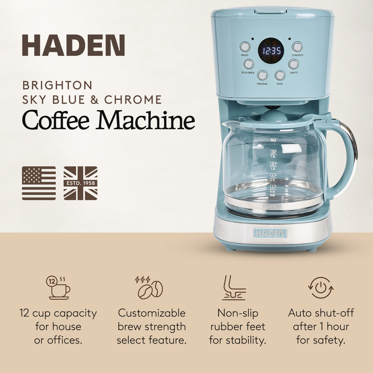 Haden Brighton 12 Cup Sleek Modern Nautical Coffee Maker, Sky Blue (Open Box)