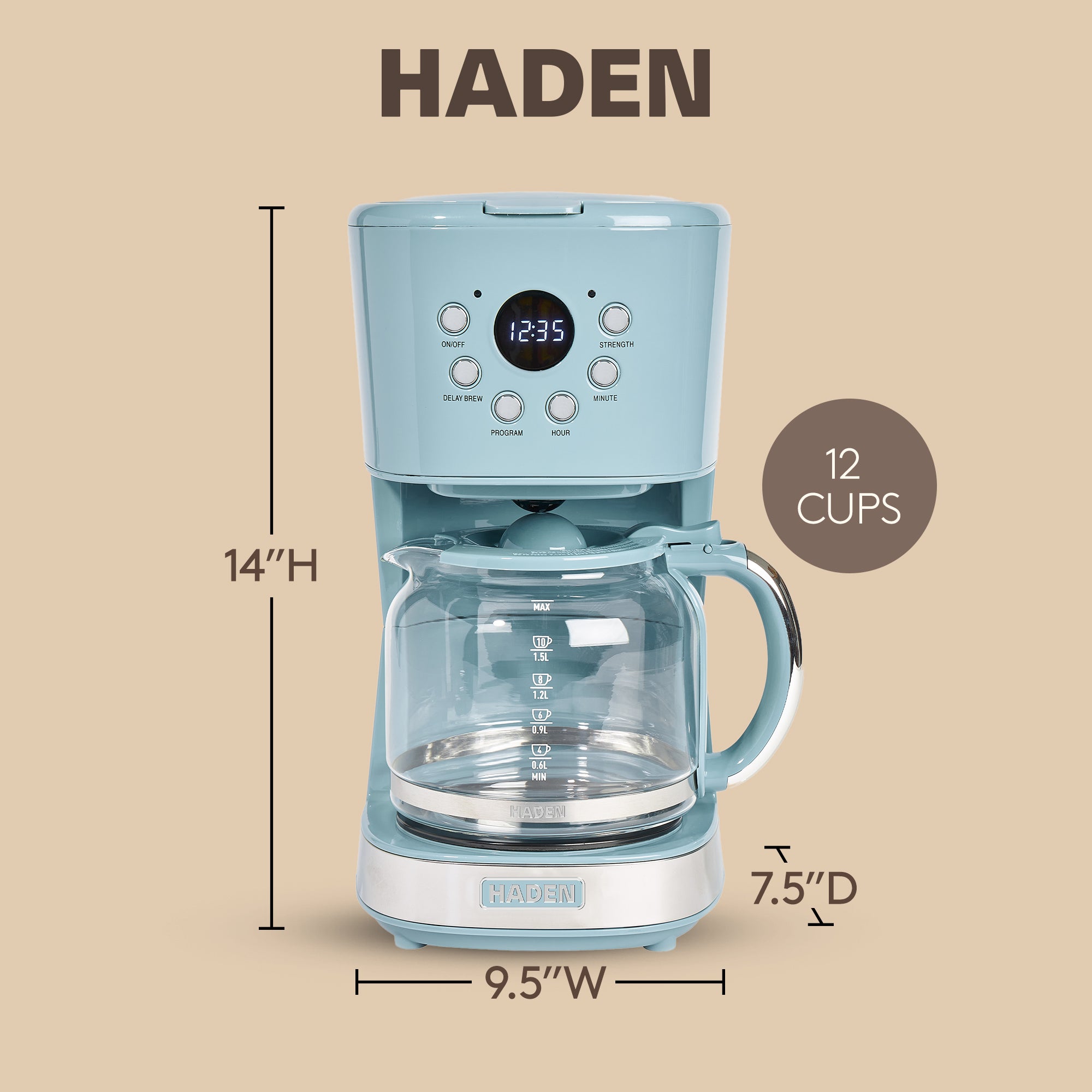 Haden Brighton 12 Cup Sleek Modern Nautical Coffee Maker, Sky Blue (Open Box)