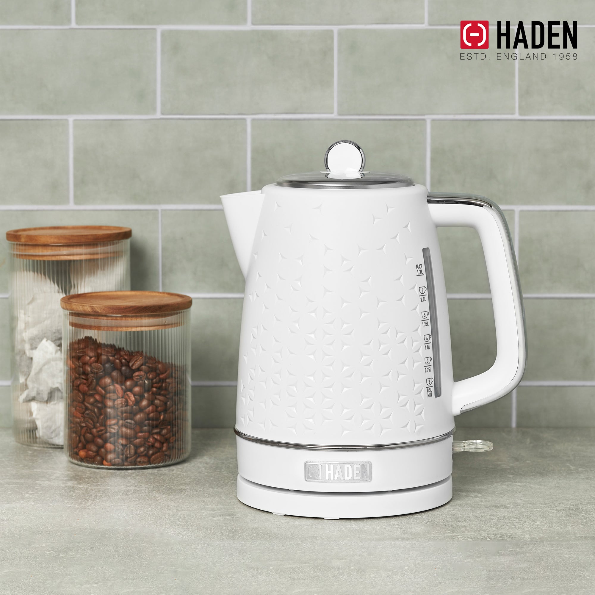 Haden Electric Kettle Textured w/Auto Shut Off & Light Indicator, White (Used) - VMInnovations