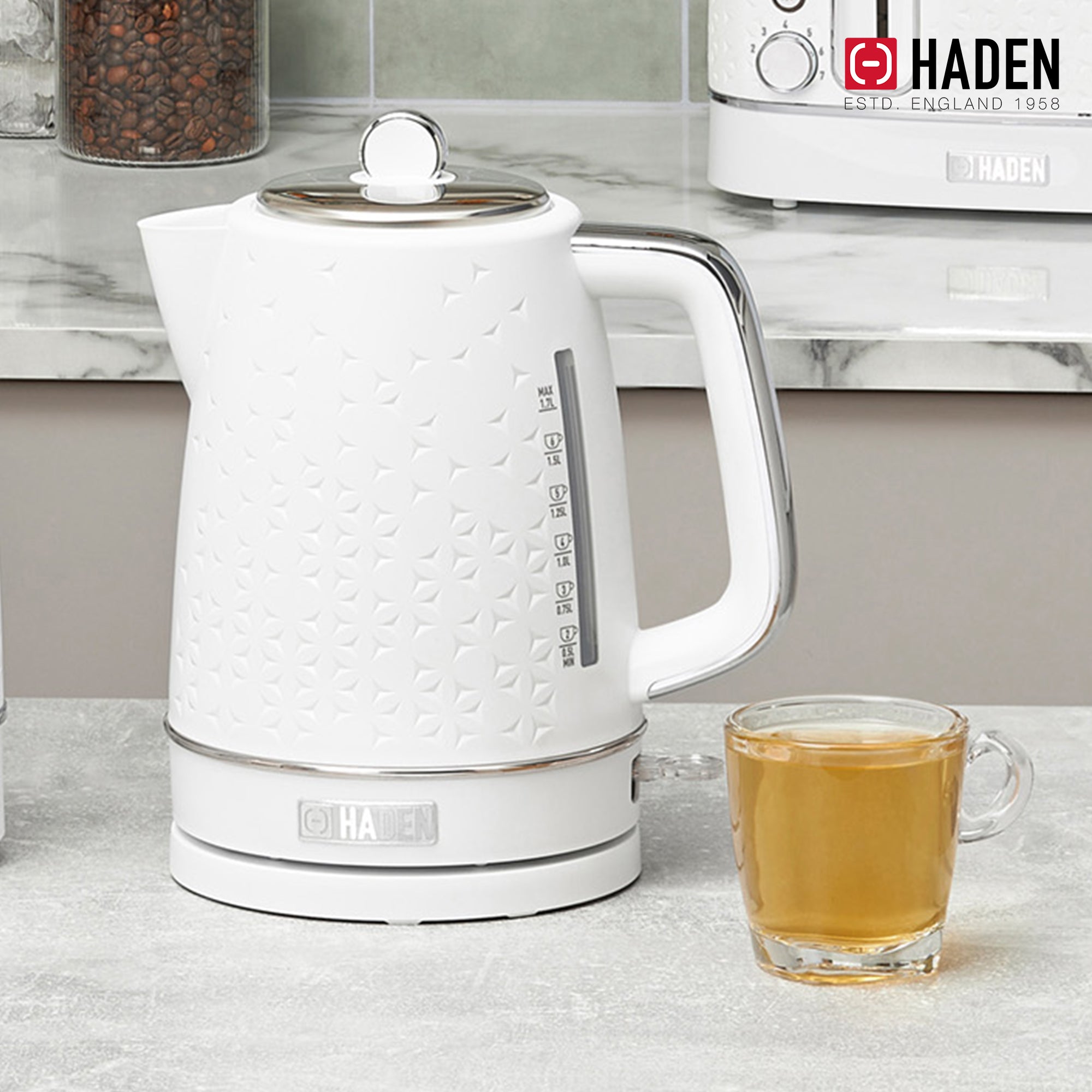 Haden Electric Kettle Textured w/Auto Shut Off & Light Indicator, White (Used) - VMInnovations