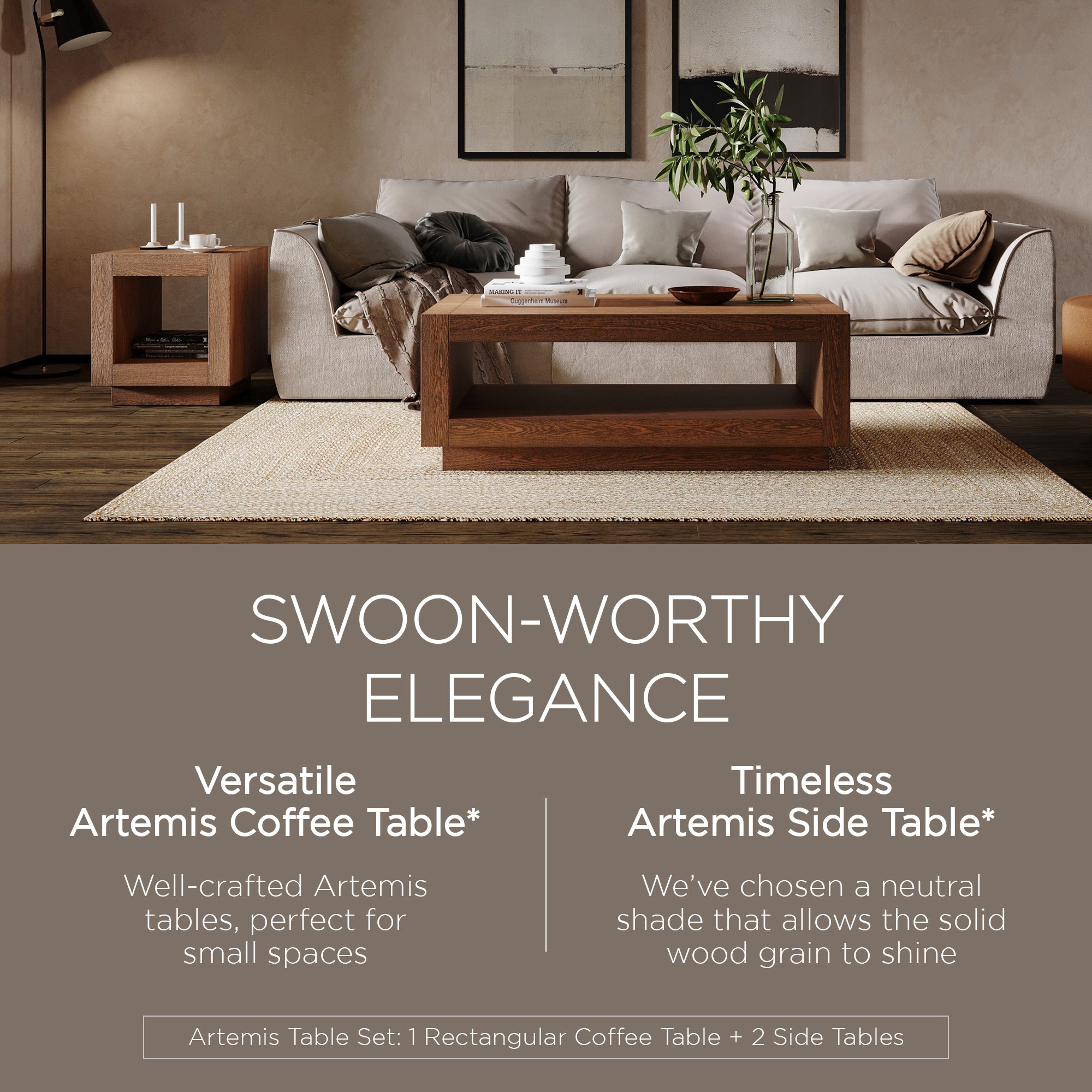 Maven Lane Artemis Wooden Coffee Table and Set of 2 Side Tables, Refined Brown - VMInnovations