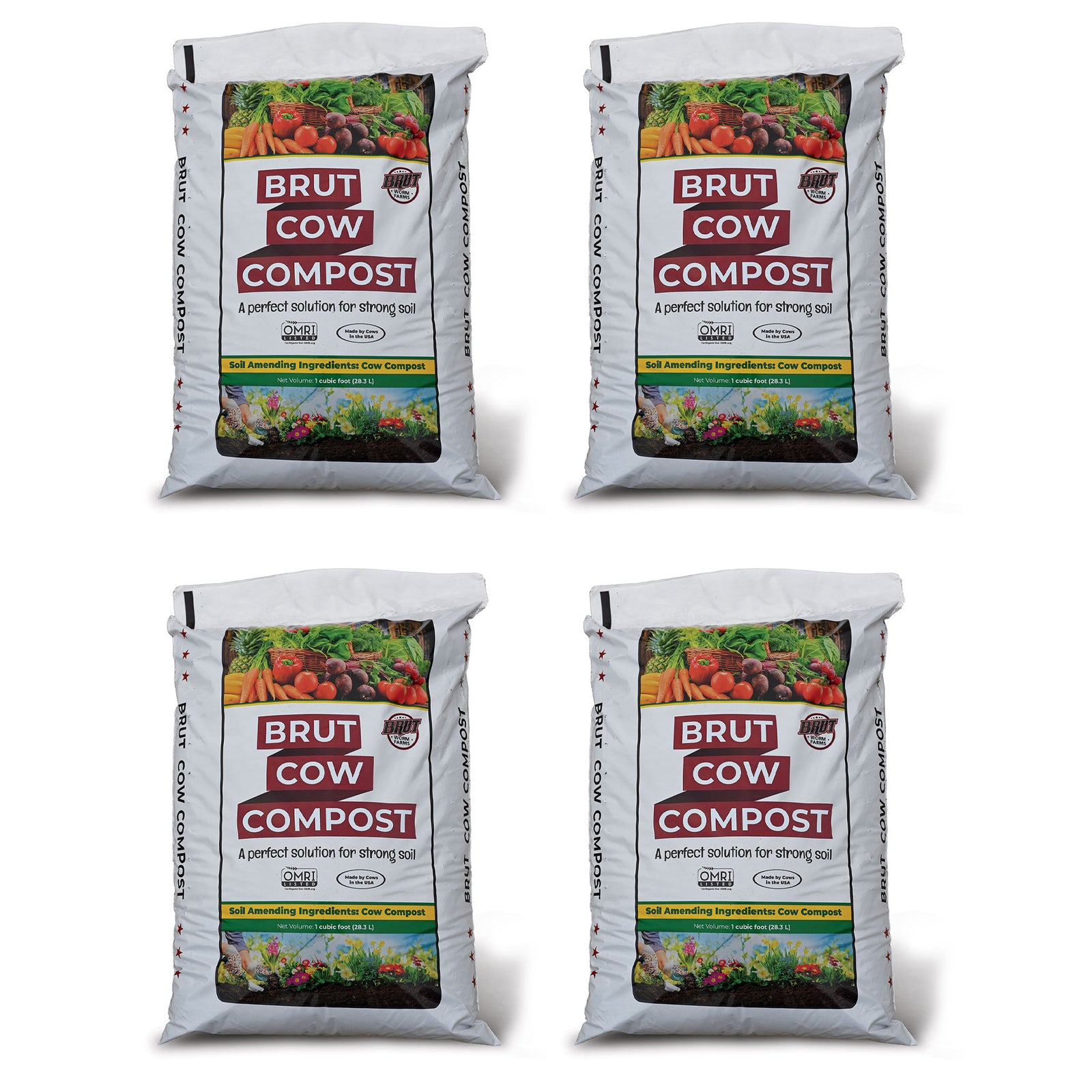 Brut Organic 1 Cu Ft Pure Nutrient Rich Garden Enhancer Cow Compost, (4 Pack) - VMInnovations