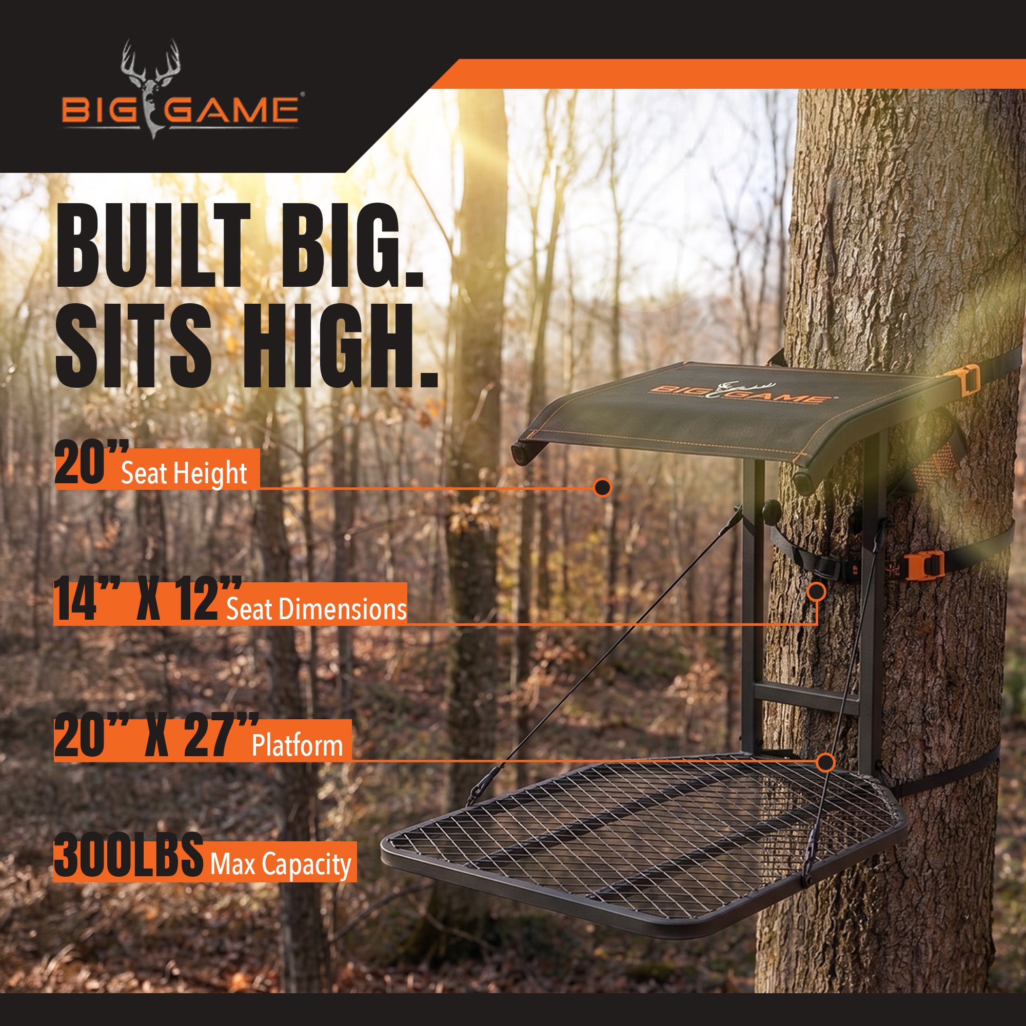 Big Game Steel Hang-On Treestand with 14" x 12" Flip-Back Seat, Black (Used)