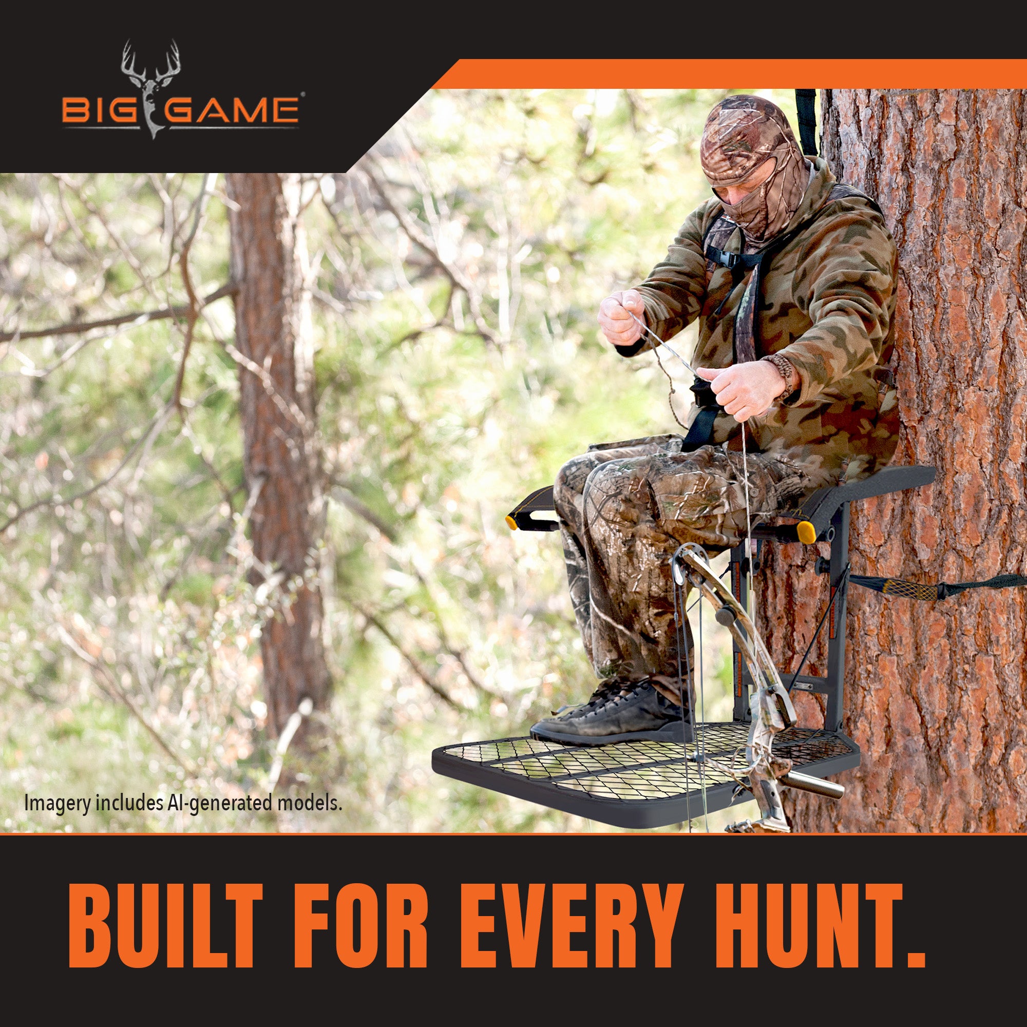Big Game Steel Hang-On Treestand with 14" x 12" Flip-Back Seat, Black (Used)