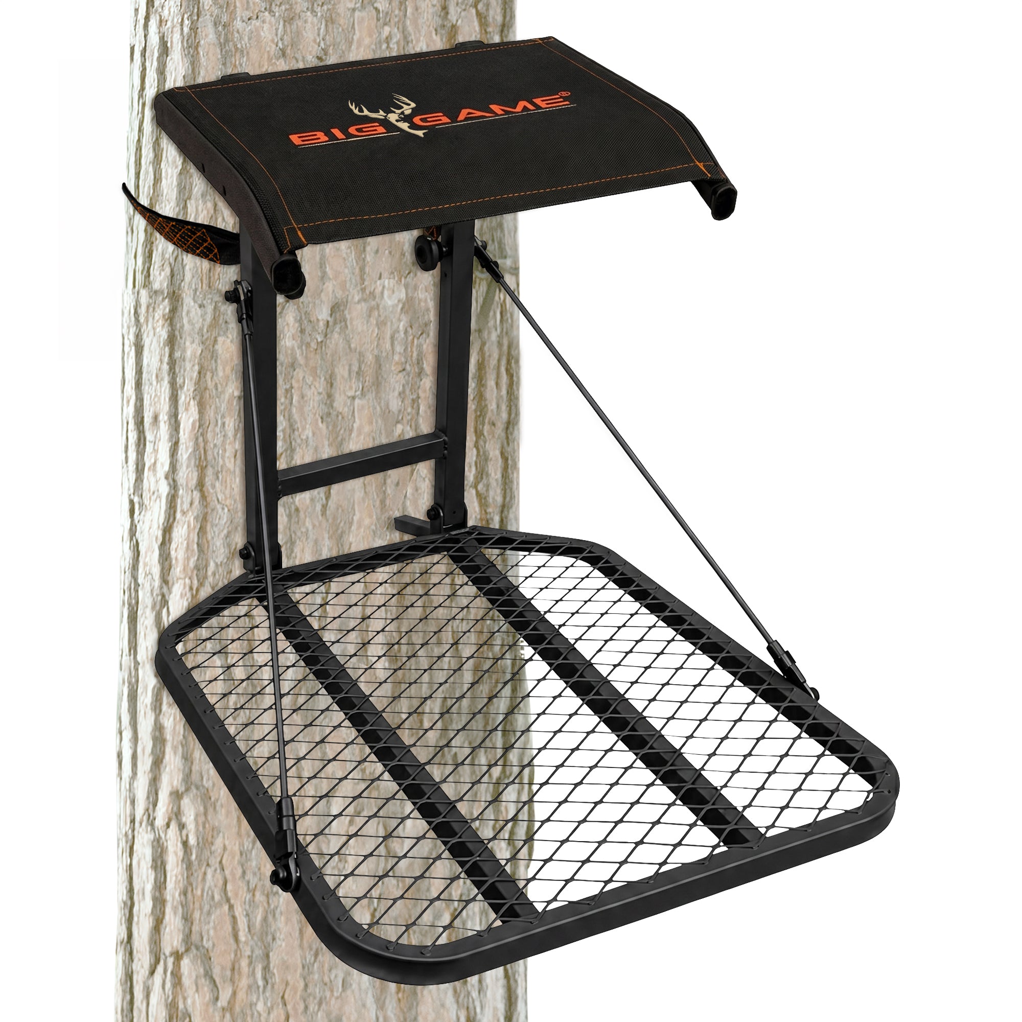 Big Game Captain Steel Hang-On Treestand with 14" x 12" Flip-Back Seat, Black
