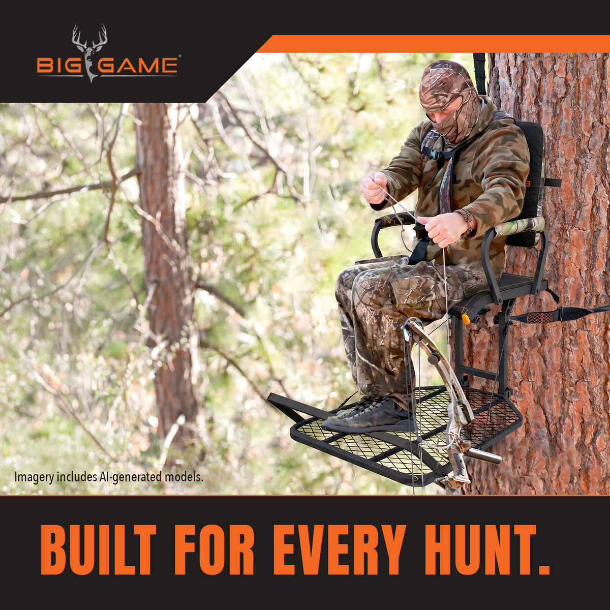 Big Game Captain XC Steel Hang-On Treestand with 20 x 30 Flip-Back Seat, Black