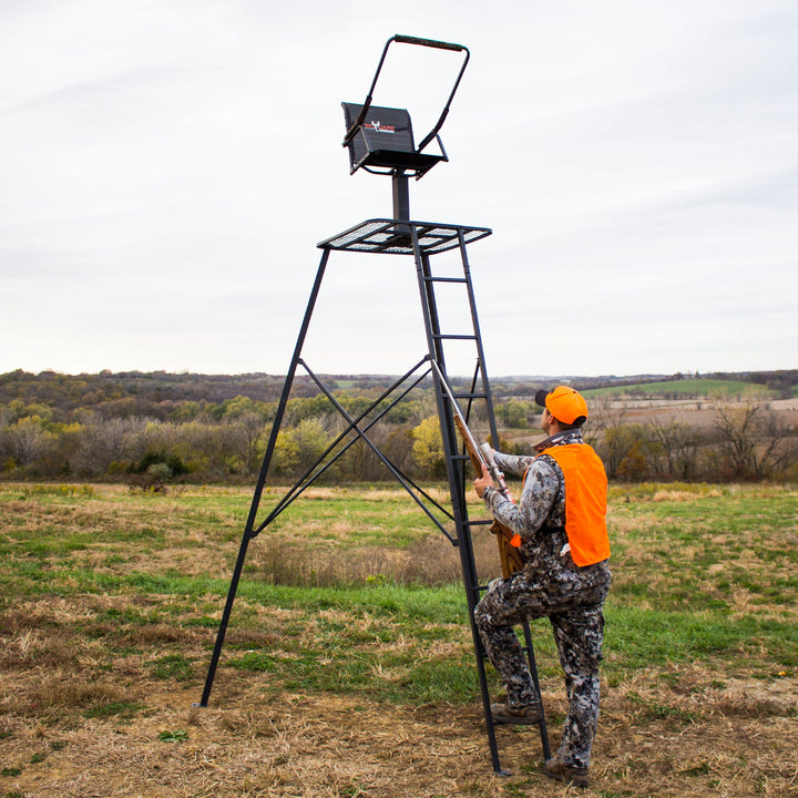Big Game The Defender 12.5 Ft Tripod Stand, Deer Hunting Ladder w/ Rotating Seat - VMInnovations