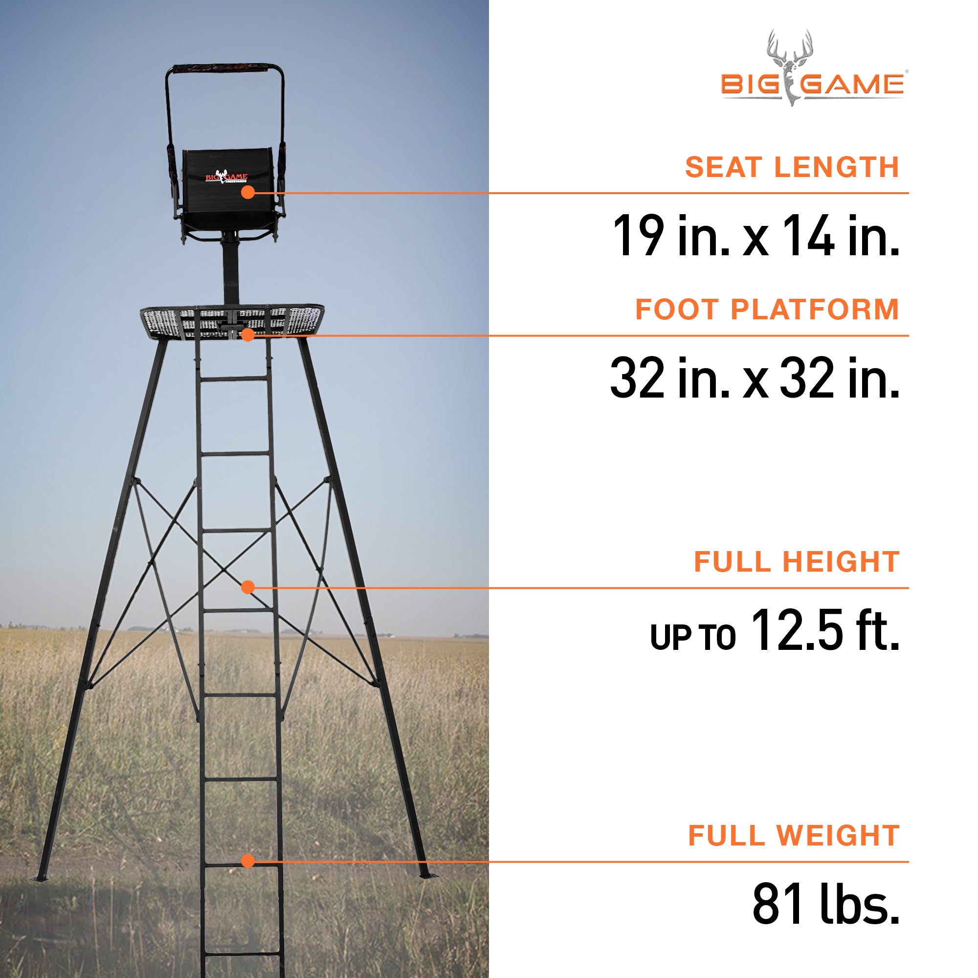Big Game The Defender 12.5 Ft Tripod Stand, Deer Hunting Ladder w/ Rotating Seat - VMInnovations