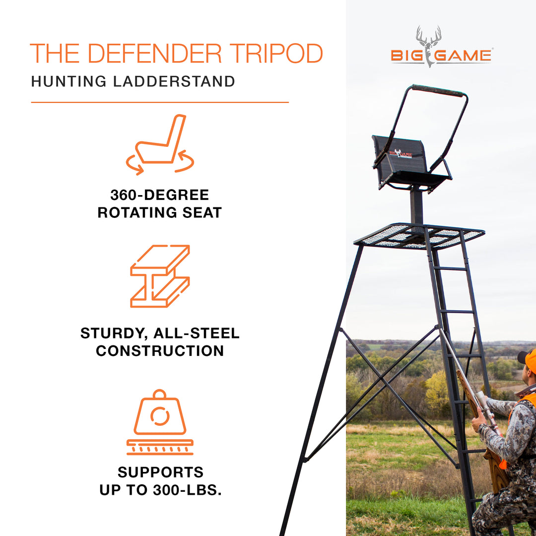Big Game The Defender 12.5 Ft Tripod Stand, Deer Hunting Ladder w/ Rotating Seat - VMInnovations