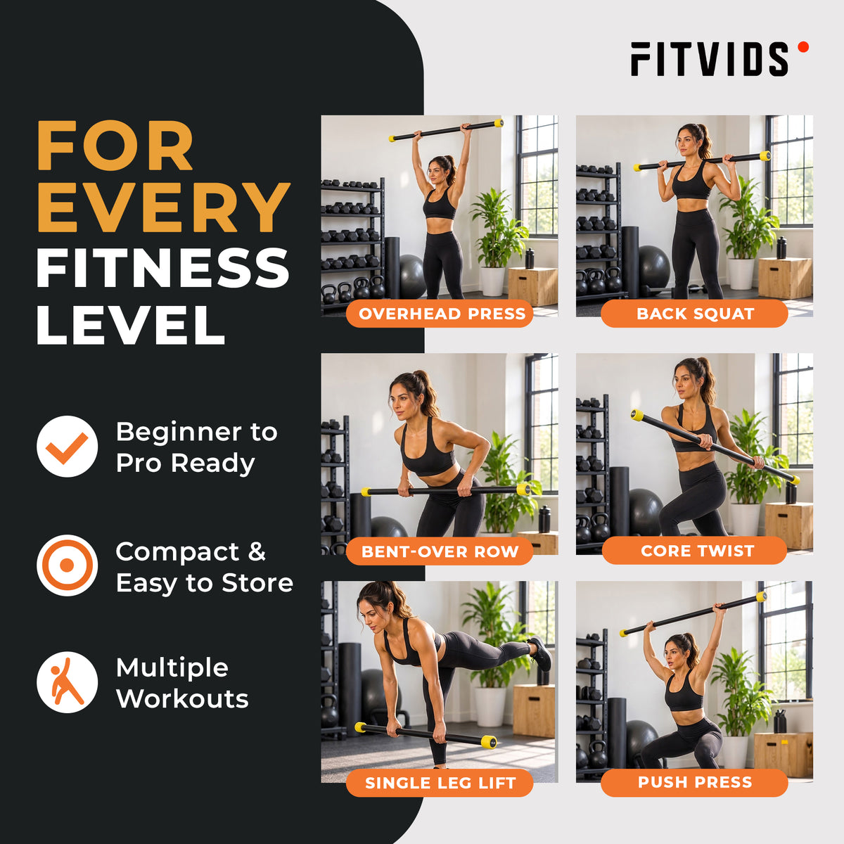Fitvids 10lb Weighted Workout Bar, Total Body Exercise Bar for Strength Training