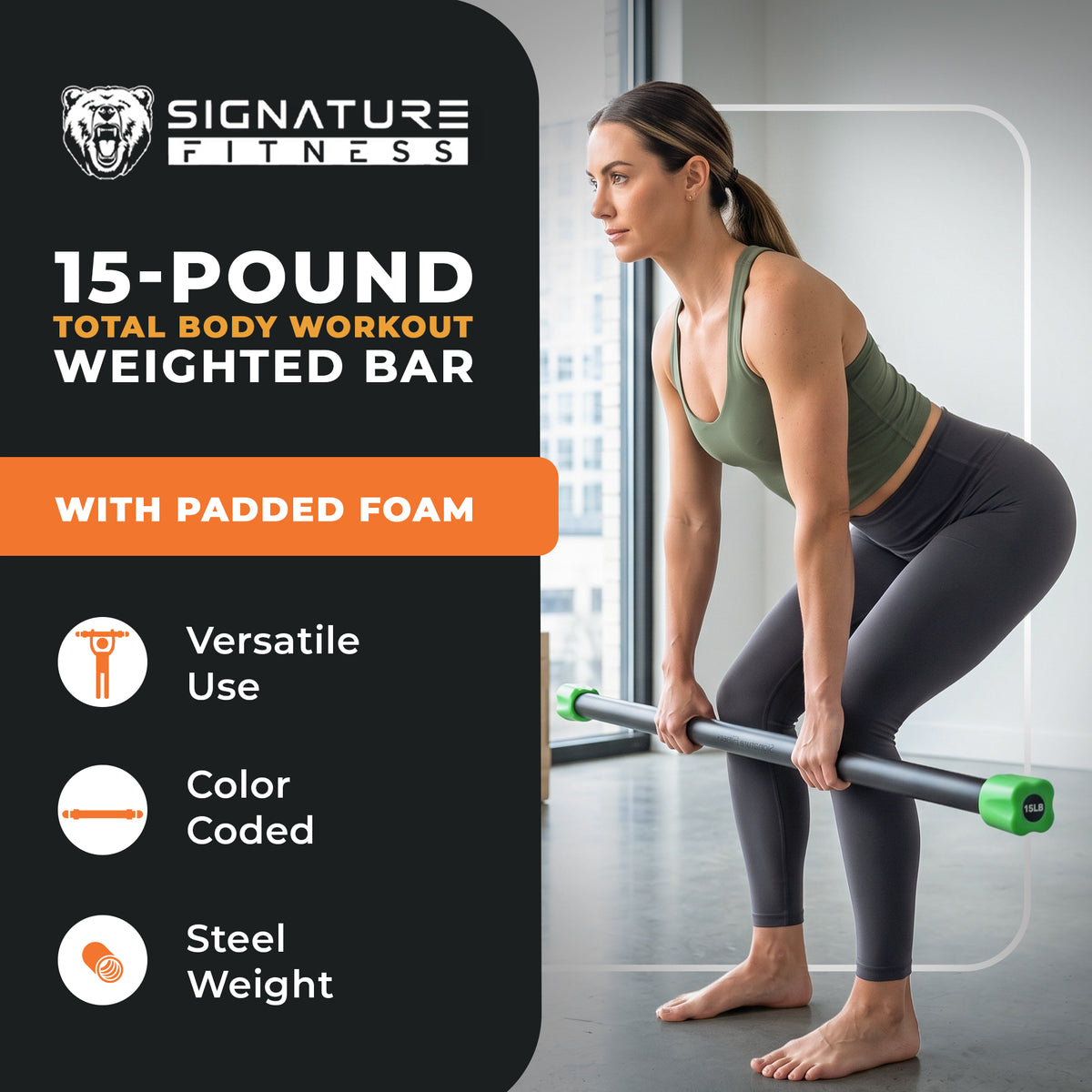Signature Fitness Total Body Workout Steel Weighted Bar w/Padded Foam, 15 Pounds (Used)
