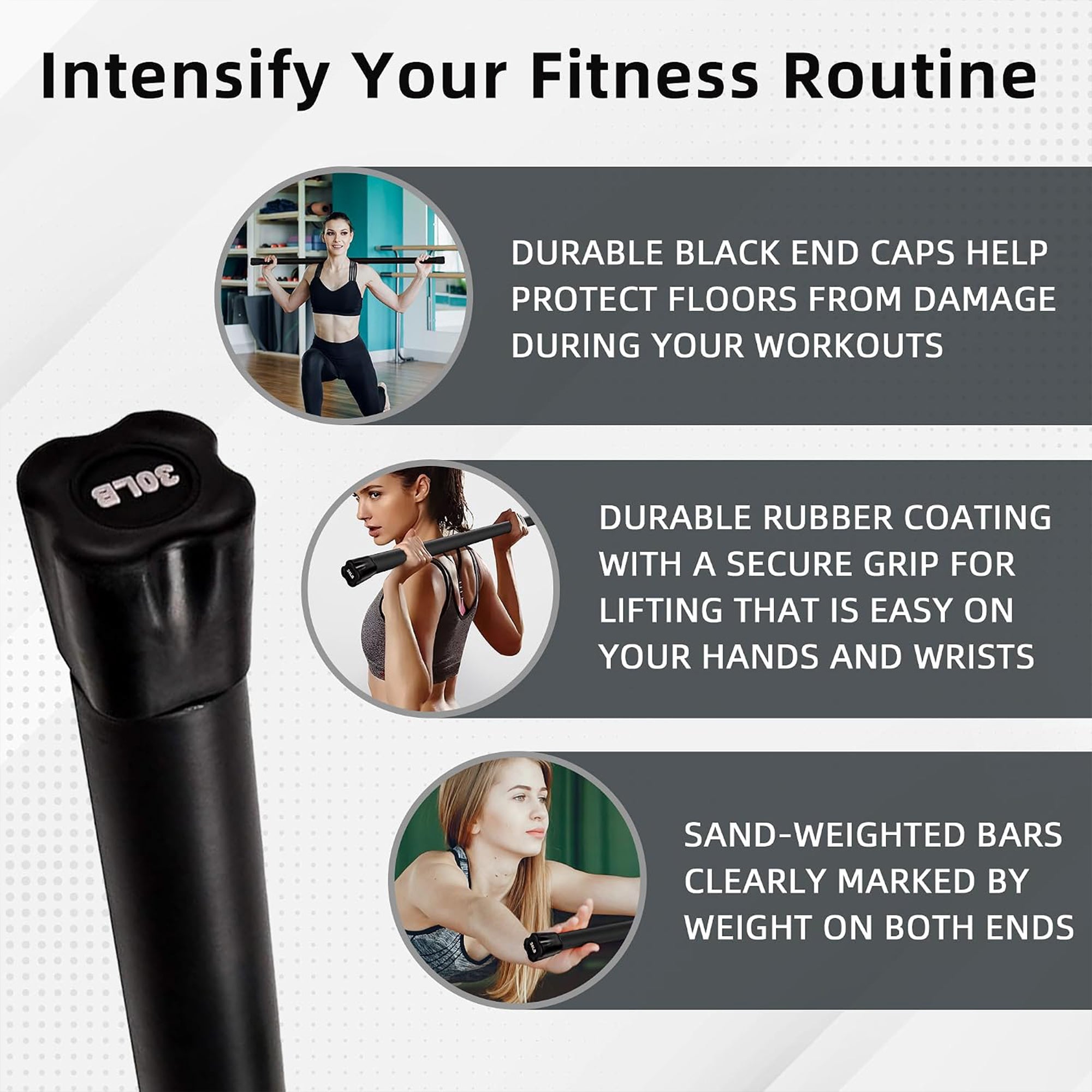 Fitvids 30lb Weighted Workout Bar, Total Body Exercise Bar for Strength Training