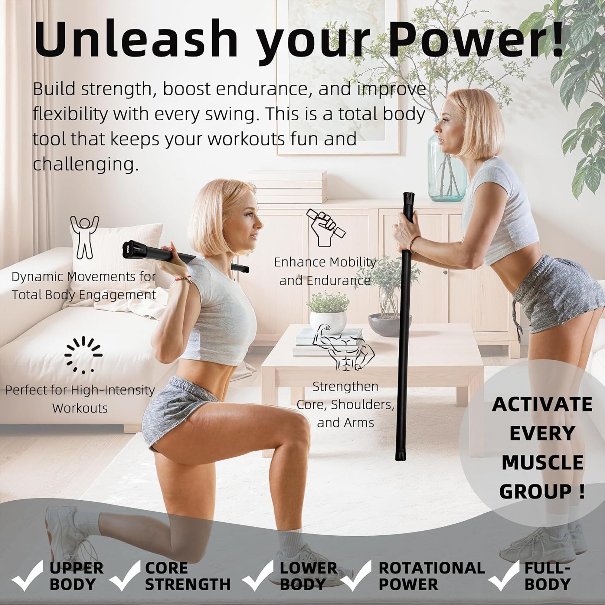 Fitvids 30lb Weighted Workout Bar, Total Body Exercise Bar for Strength Training