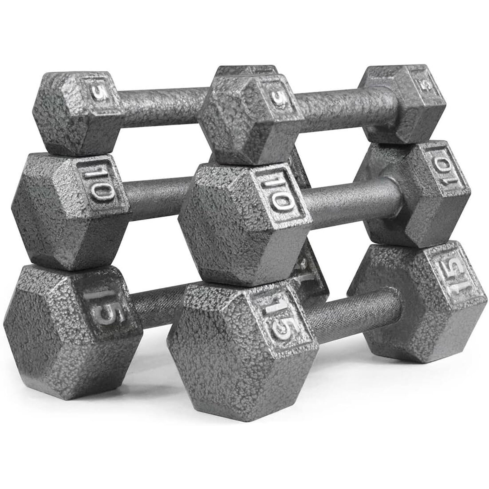 HolaHatha 5, 10 and 15 Pound Cast Iron Dumbbell Free Hand Weight Set with Rack - VMInnovations