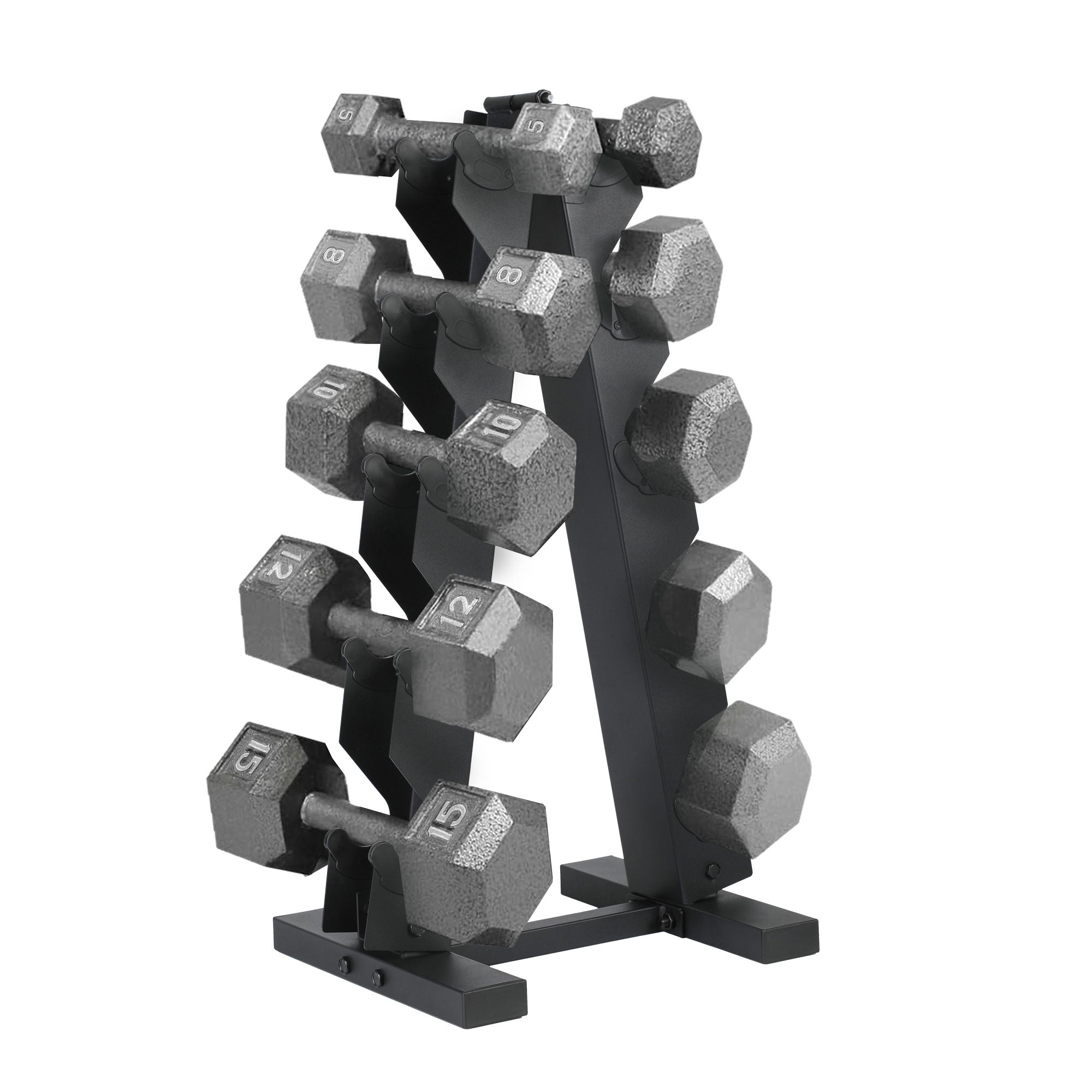HolaHatha 5, 8, 10, 12 & 15 lb Cast Iron Dumbbell Free Hand Weight Set with Rack - VMInnovations